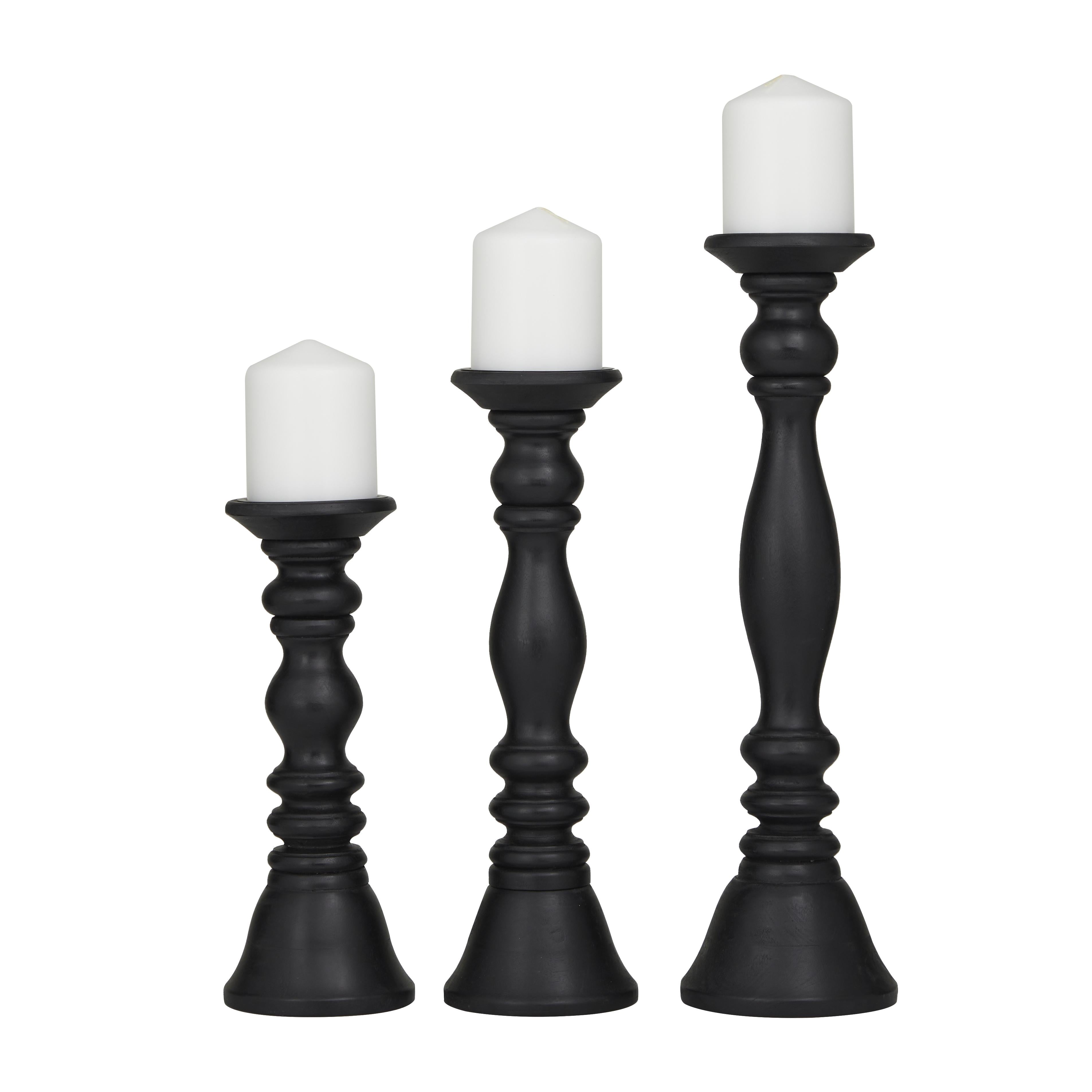 Set of 3 Wood Turned Style Pillar Decorative Candle Holder
