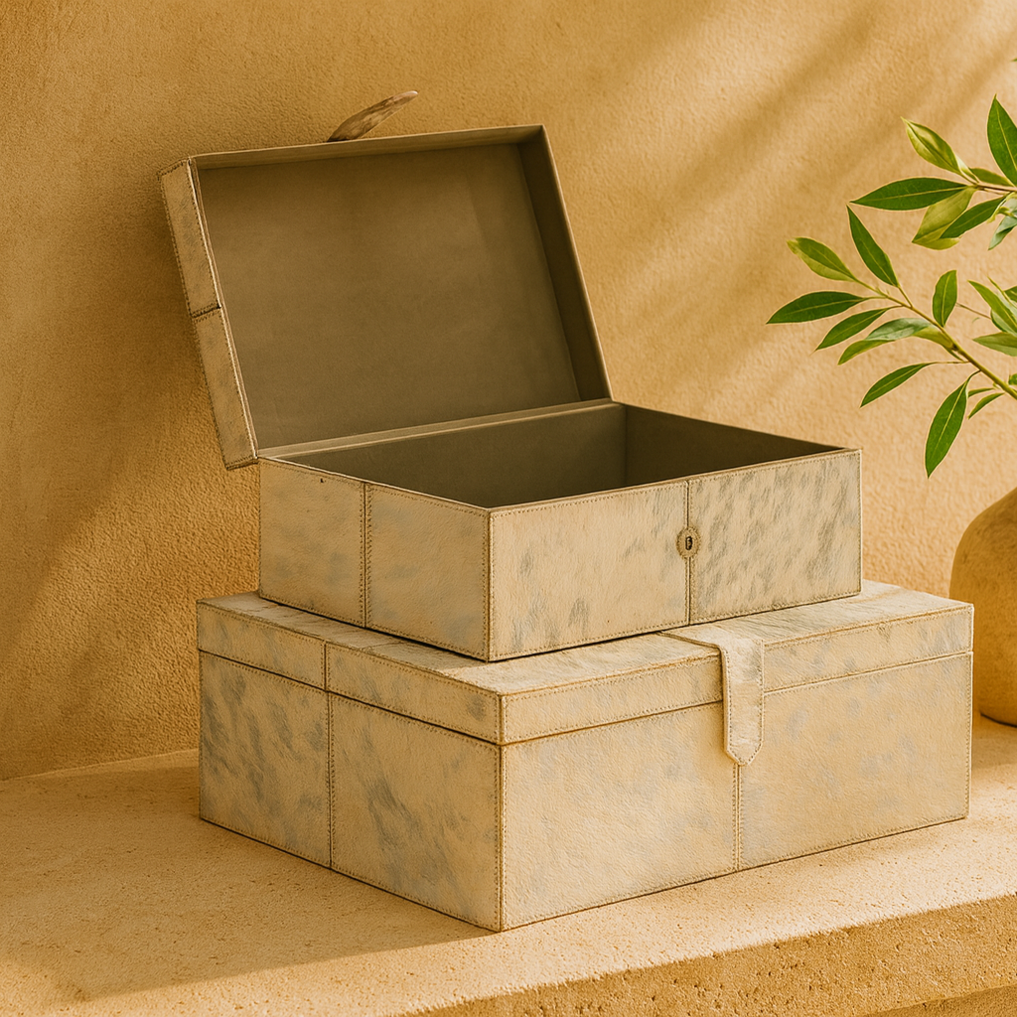 Set of 2 Leather Handmade Cowhide Decorative Box with Snap Front Closure and Detailed Stitching Set of 2 17", 14"W