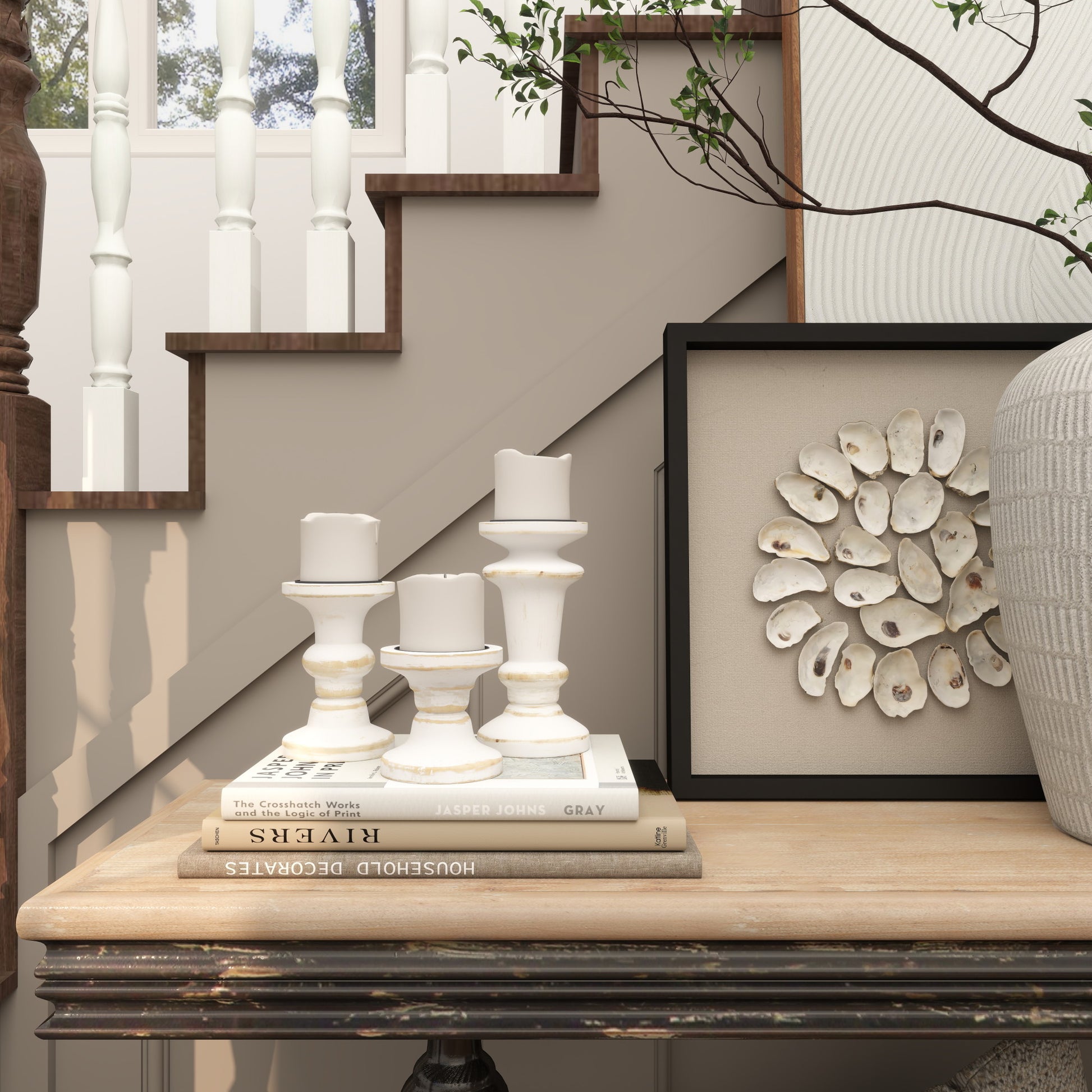 Set of 3 White Wood Decorative Candle Holder