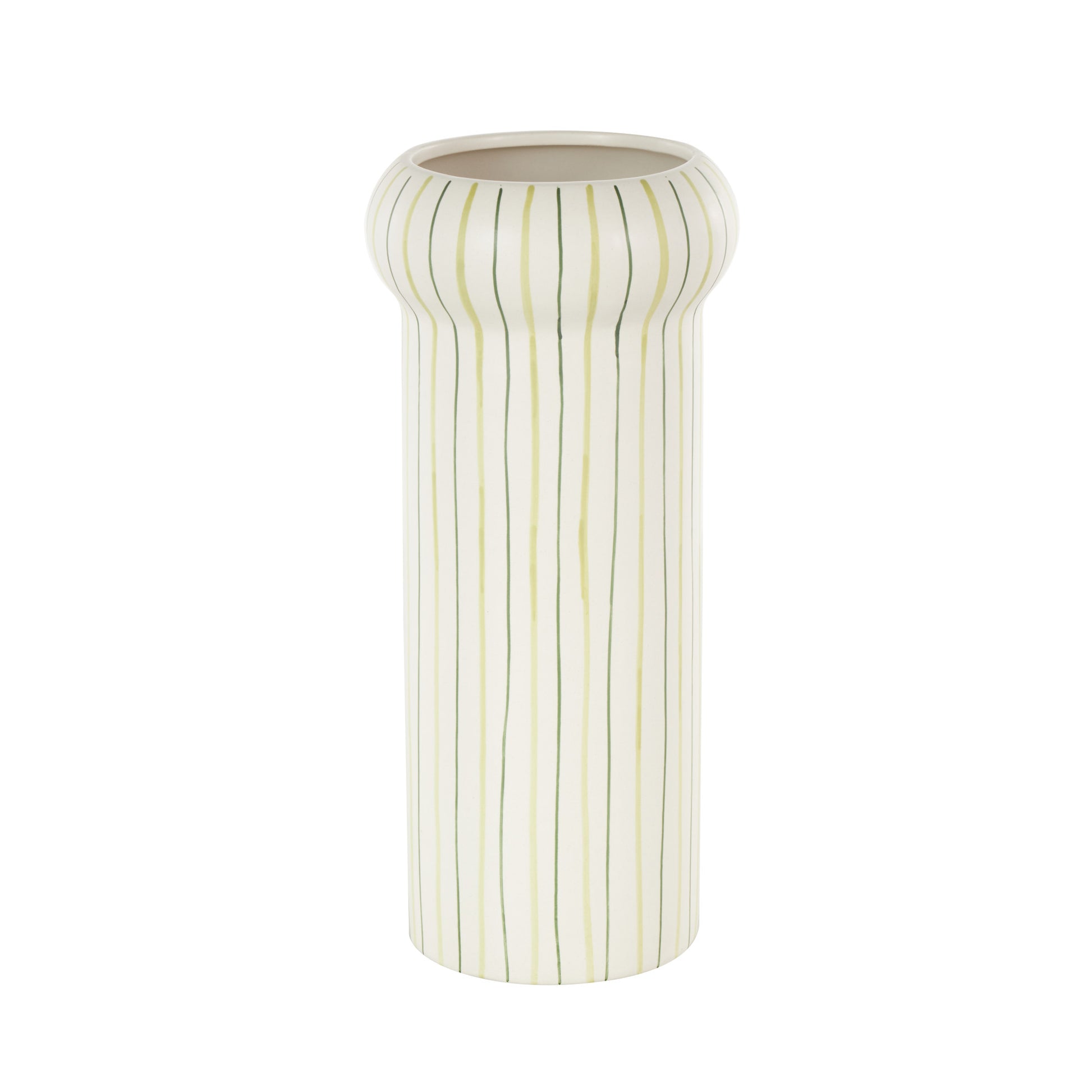 Abstract White Ceramic Round Decorative Vase with Green Linear Patterns