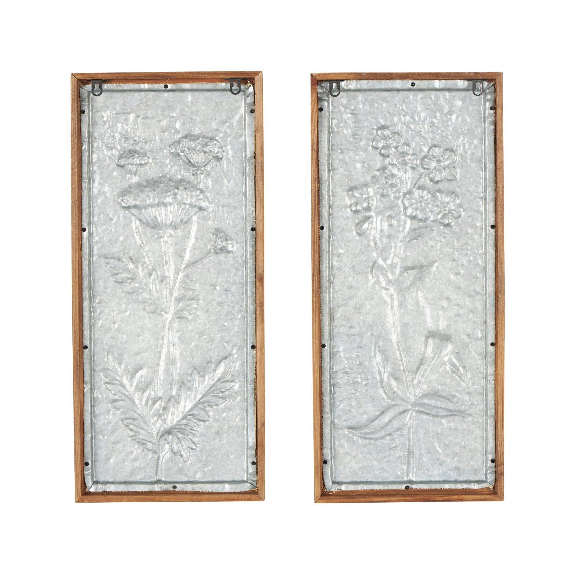 Set of 2 Floral Cream Wood Textured Living Room Framed Wall Art with White Painted Accents