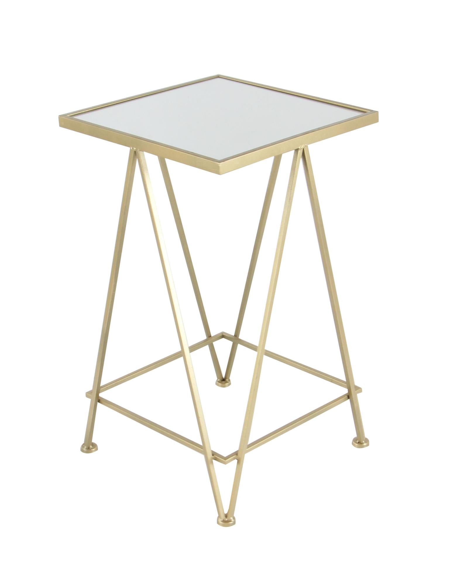 Set of 2 Geometric Gold Metal Square Side End Accent Table with Mirrored Glass Top