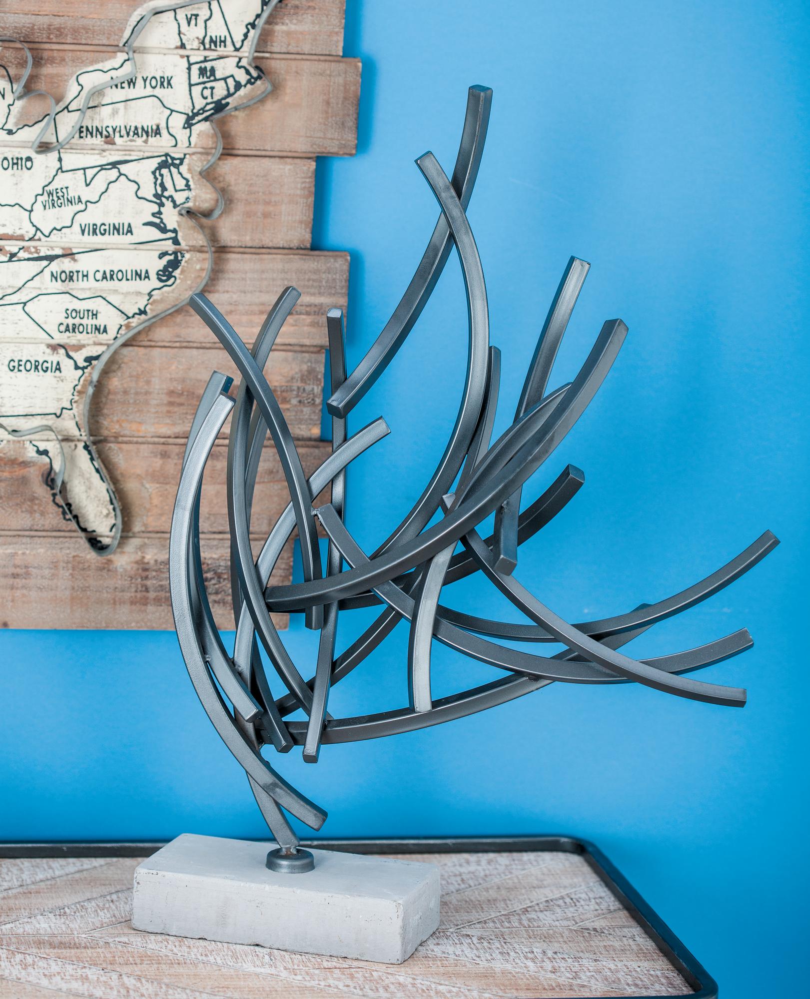 Abstract Dark Gray Metal Decorative Sculpture with Marble Base