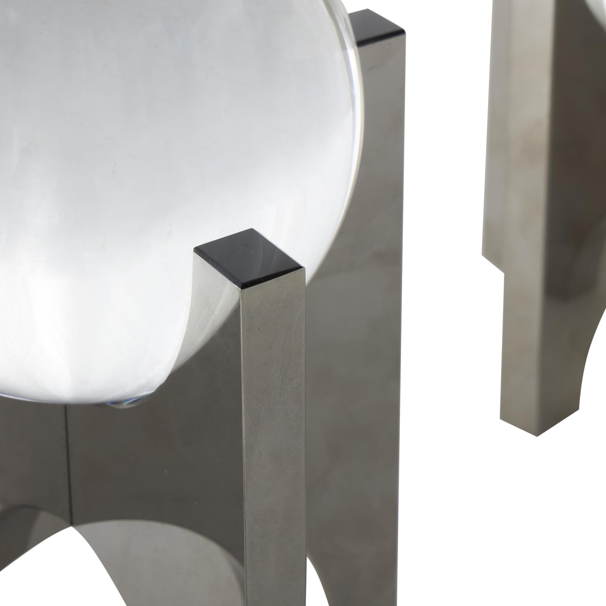 Geometric Silver Glass Orb Decorative Sculpture with Clear Orb and X-Shaped Holder