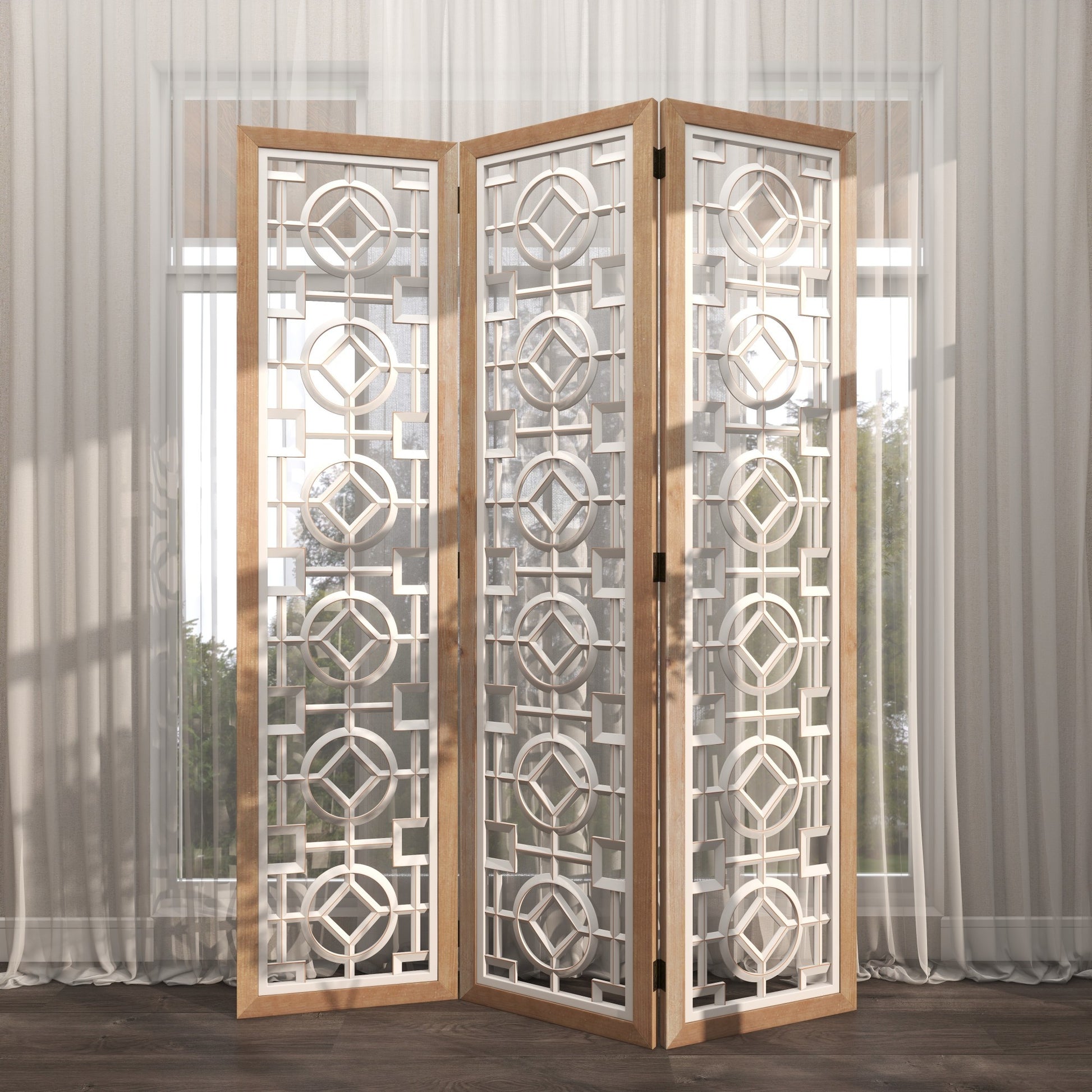 Geometric White Wood Hinged Foldable Partition 3 Panel Partition Room Divider Screen with Carved Designs