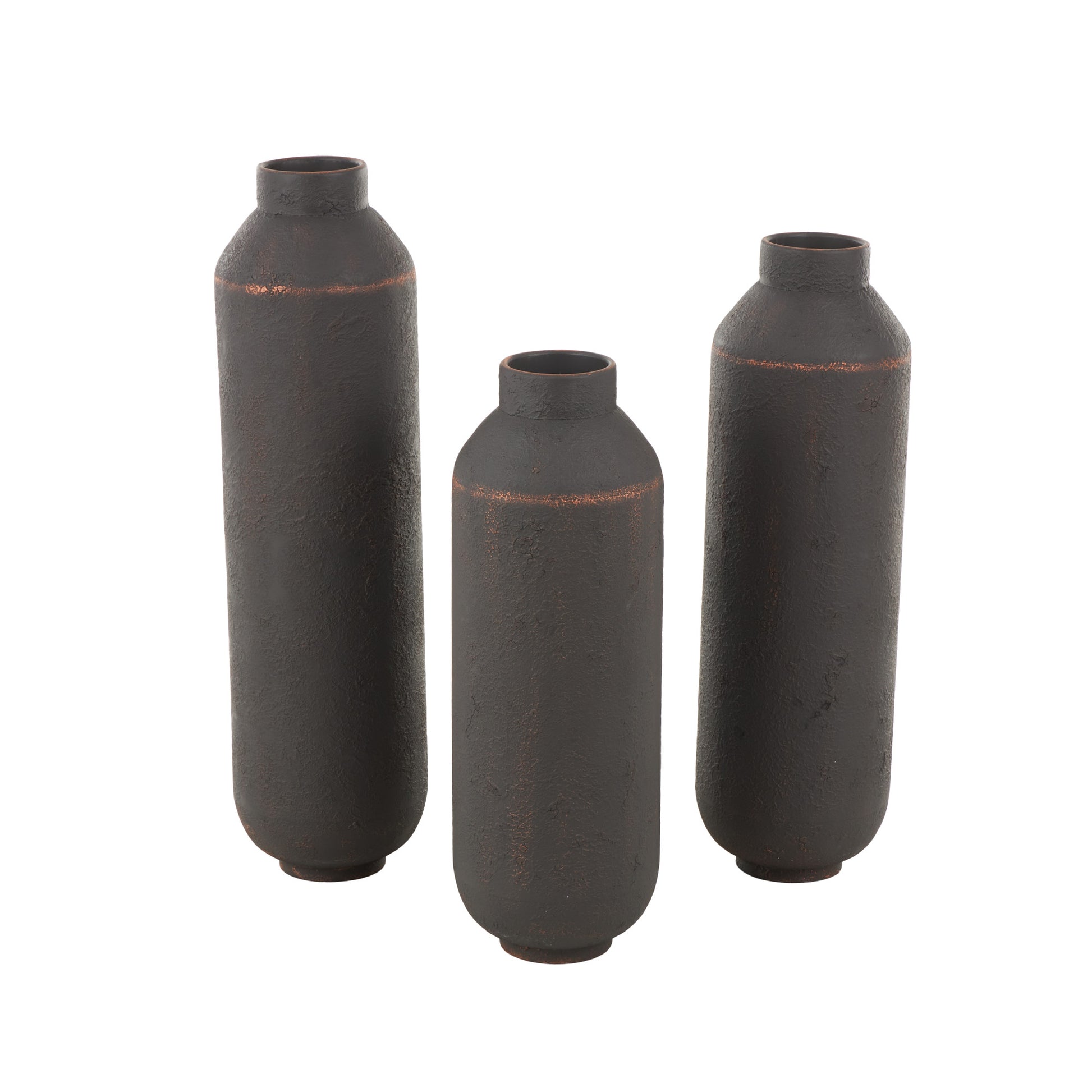 Set of 3 Dark Brown Metal Floor Decorative Vase with Copper Accents