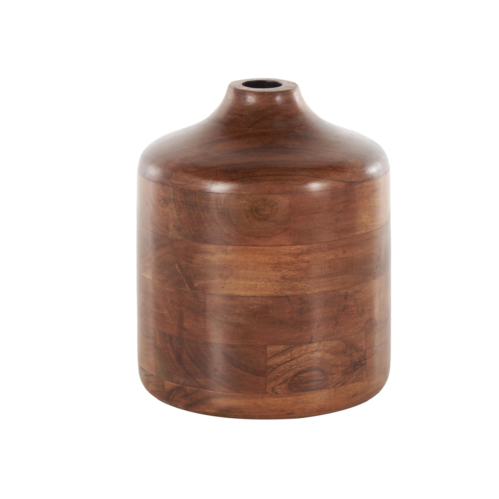 Brown Wood Decorative Vase with Mosaic Strips and Natural Wood Grains