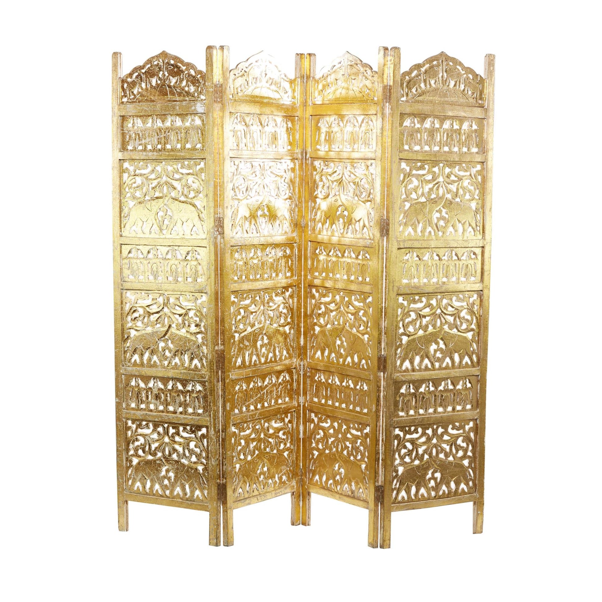 Scroll Gold Wooden Handmade Foldable Partition 4 Panel Partition Room Divider Screen with Carved Elephant Accents