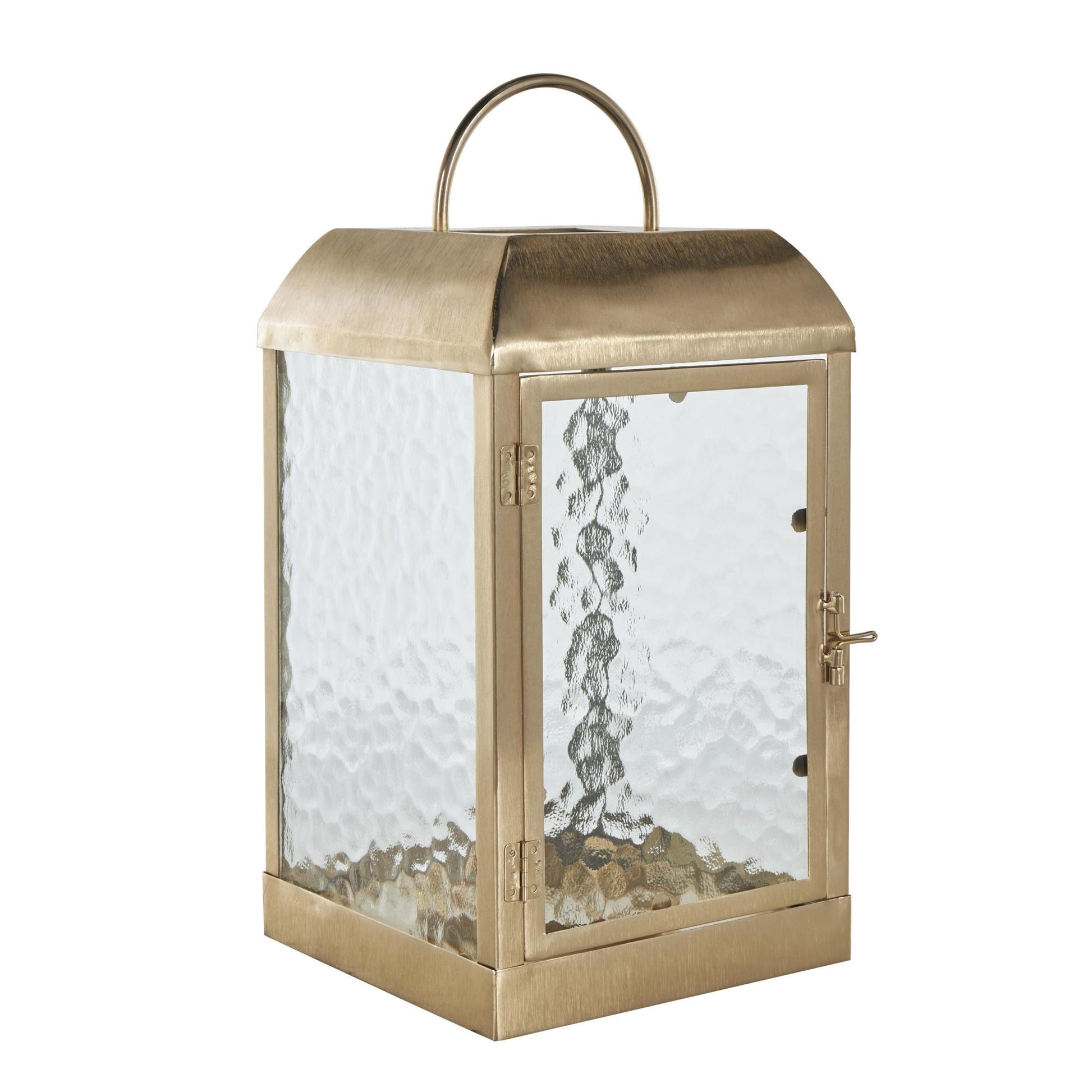 Gold Metal Indoor Outdoor Candle Lantern with Pebbled Glass