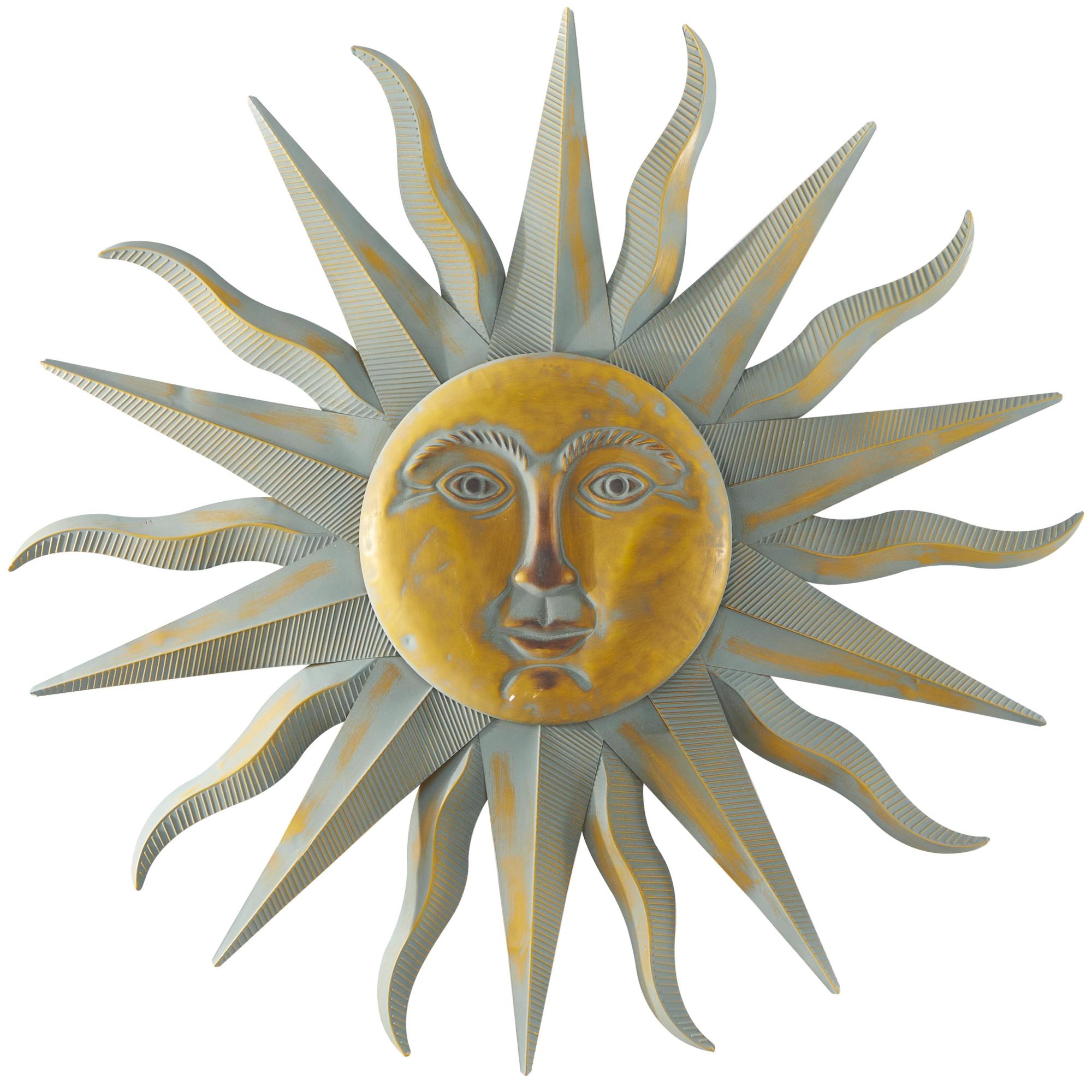 Sun Green Metal Indoor Outdoor Face Home Wall Decor with Grooves and Gold Accents