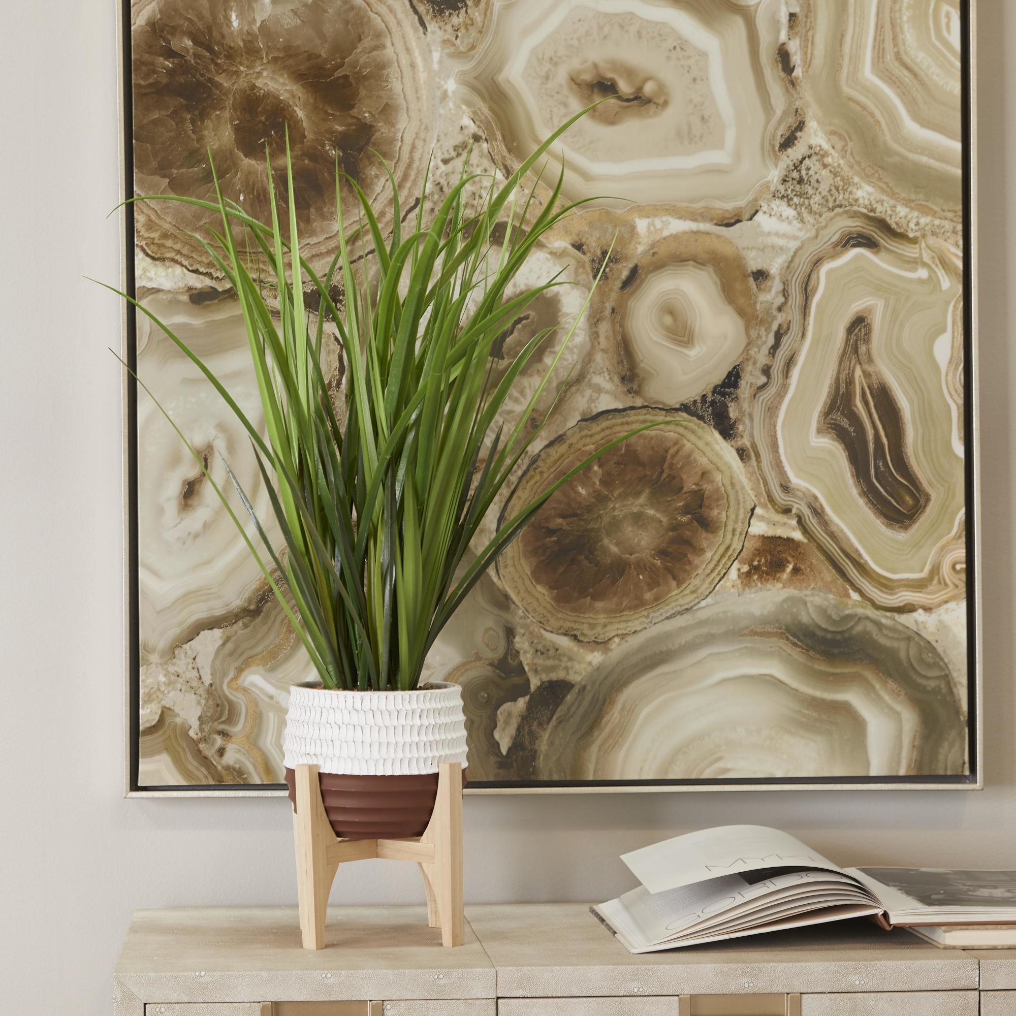 Grass Green Faux Foliage Indoor Outdoor Artificial Plant with Realistic Leaves and Porcelain Pot on Wooden Stand