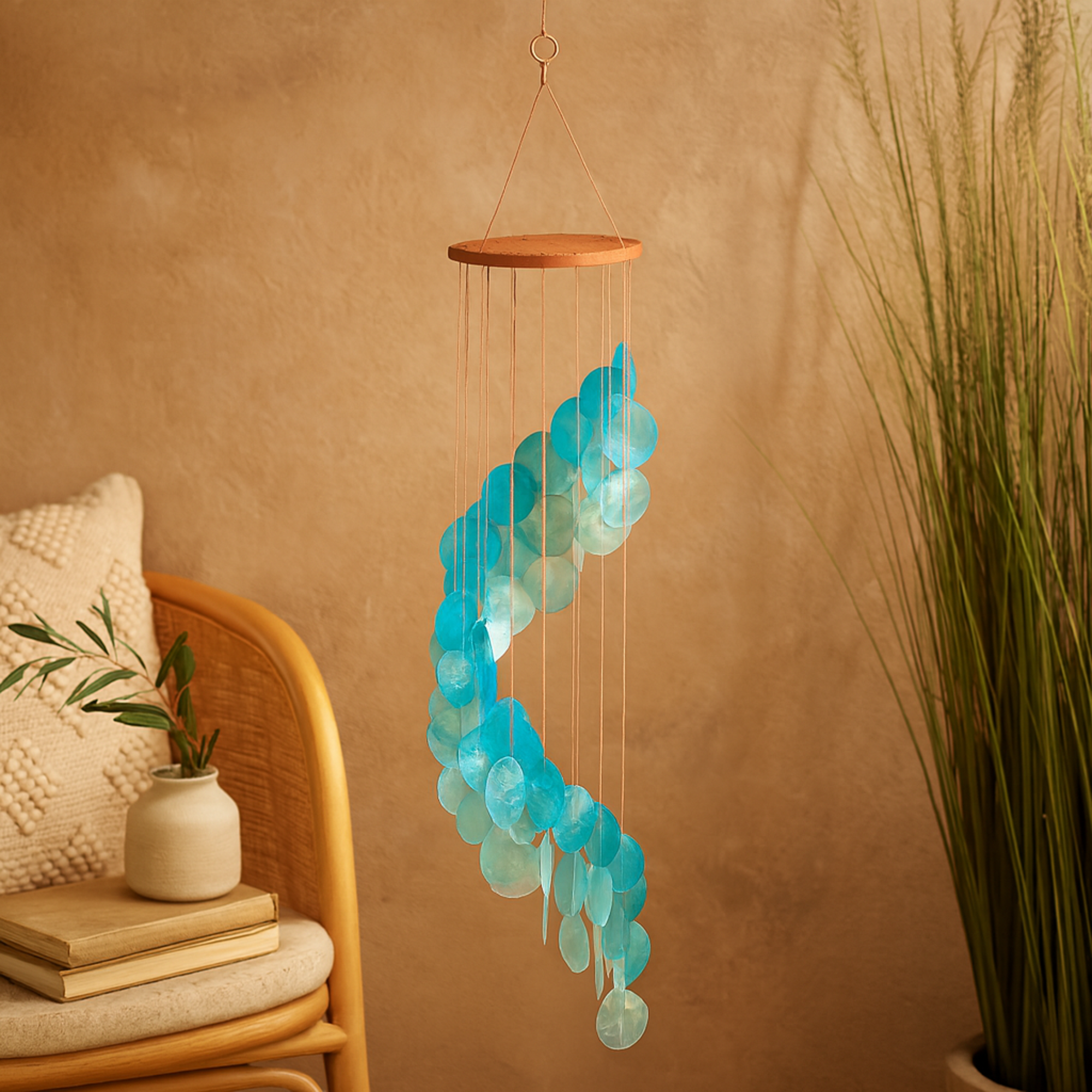 Geometric Teal Capiz Shell Waterfall Indoor Outdoor Windchime with Silver Ring