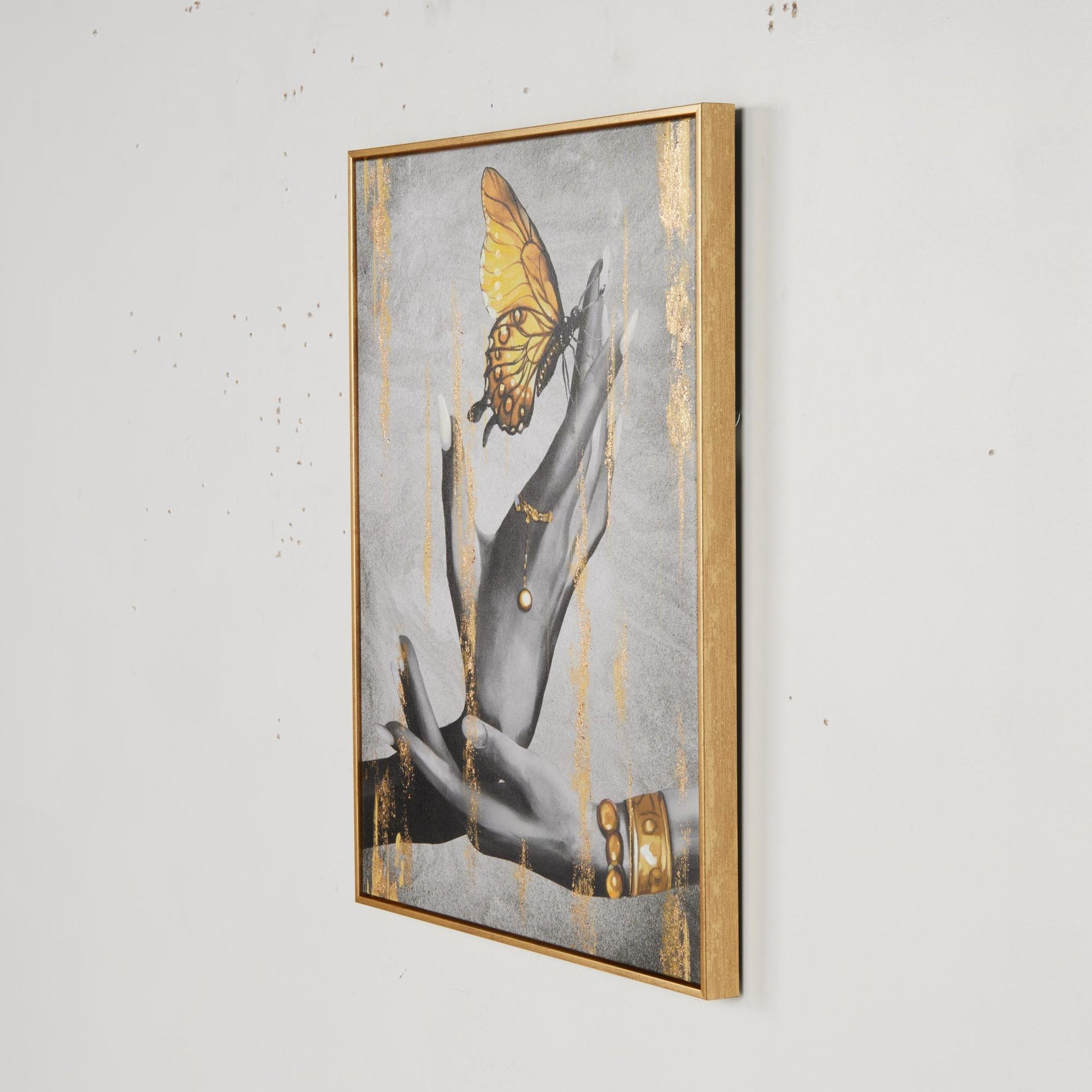 Butterfly Black Canvas Shaded Living Room Framed Wall Art with Jeweled Hands and Gold Foil Accents