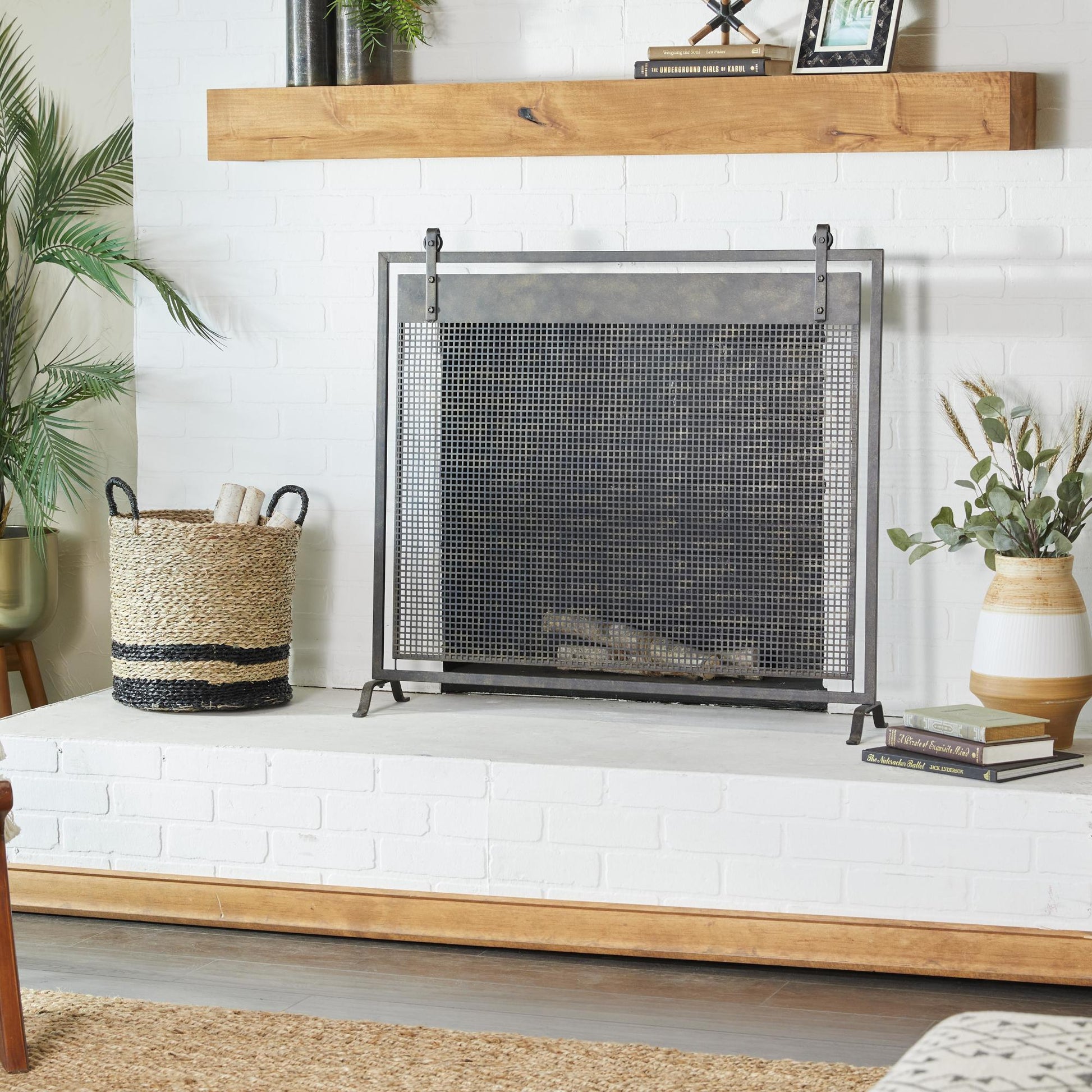Geometric Metal Suspended Grid Style Single Panel Living Room Fireplace Screen with Bolted Detailing