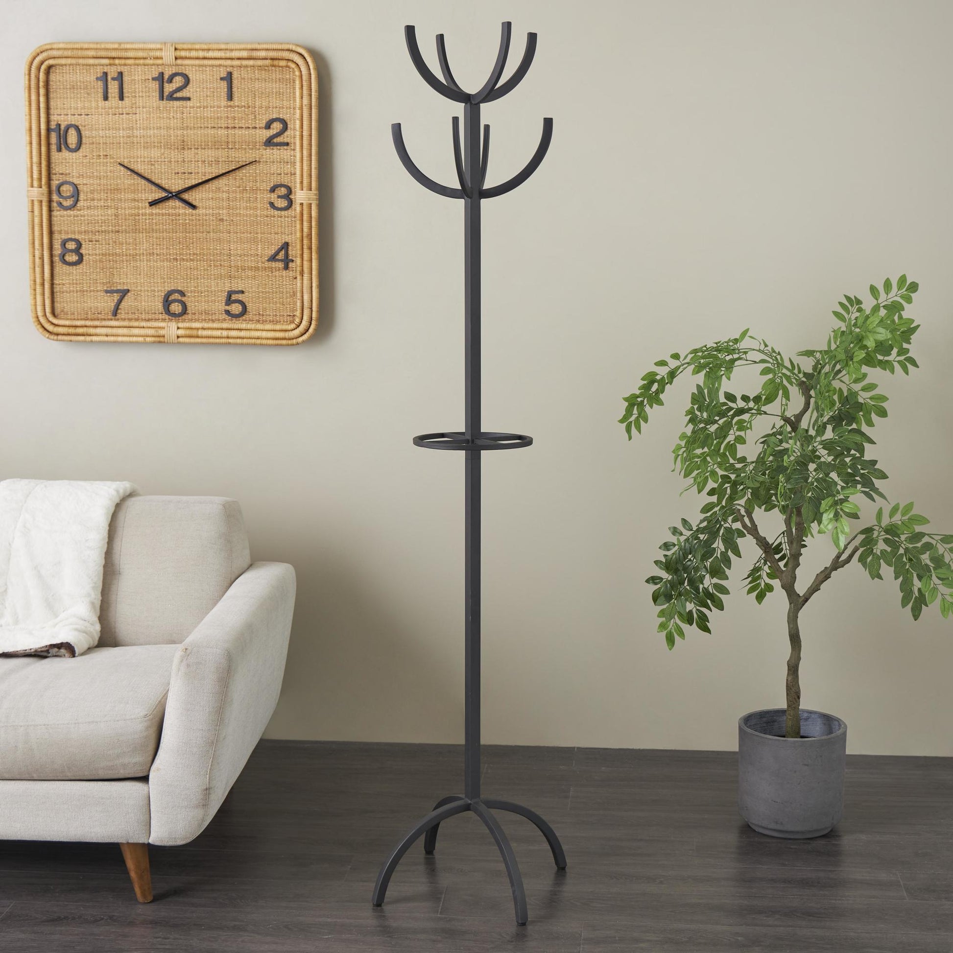 Black Metal 8 Hook Freestanding Coat Rack with Ached Legs and Circular Center Storage