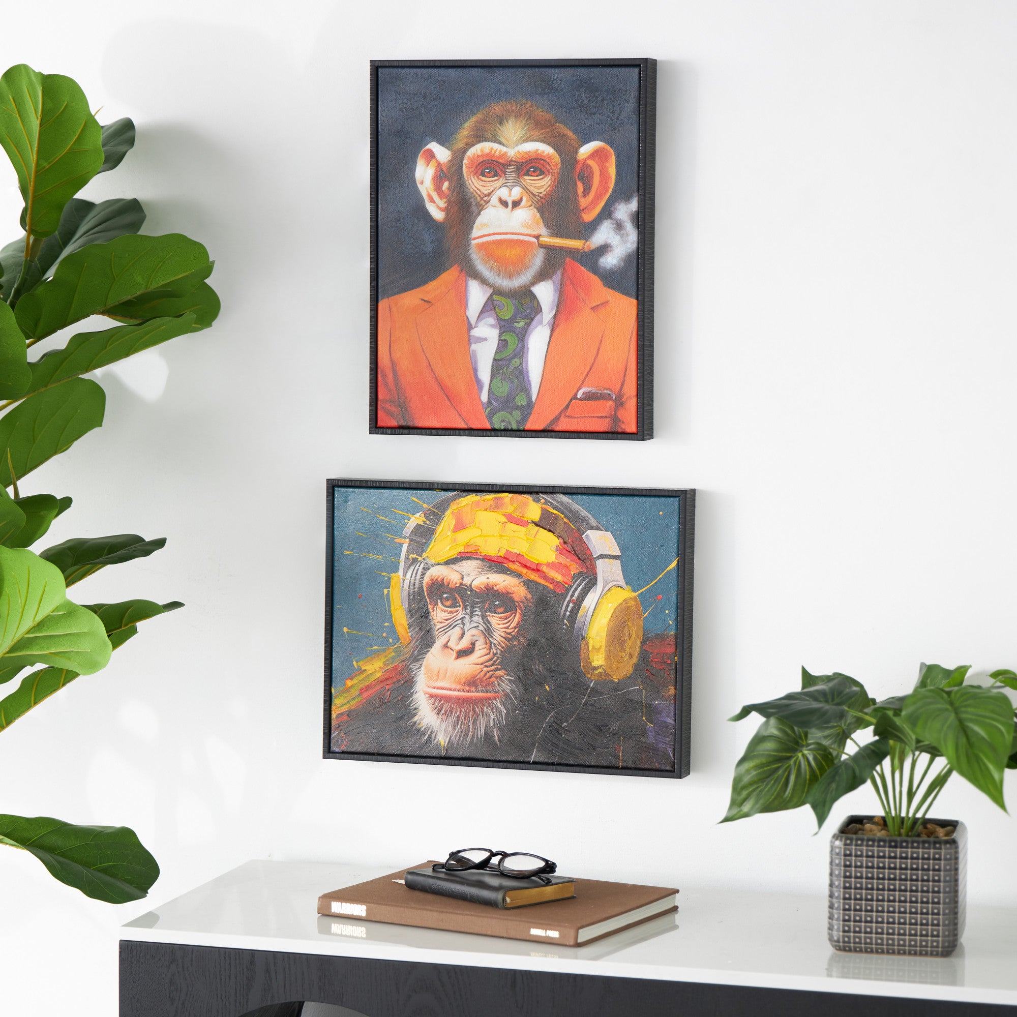 Set of 2 Monkey Multi Colored Canvas Business Living Room Framed Wall Art with Cigar and Headphones