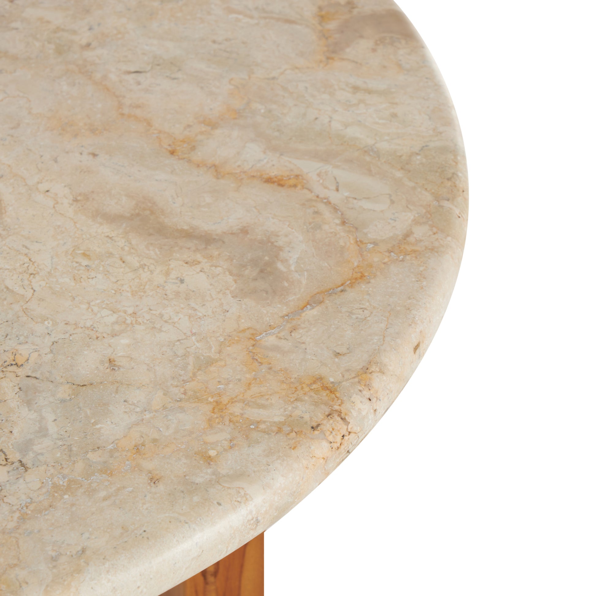 Brown Teak Wood Handmade Side End Accent Table with Beige Marble Tabletop