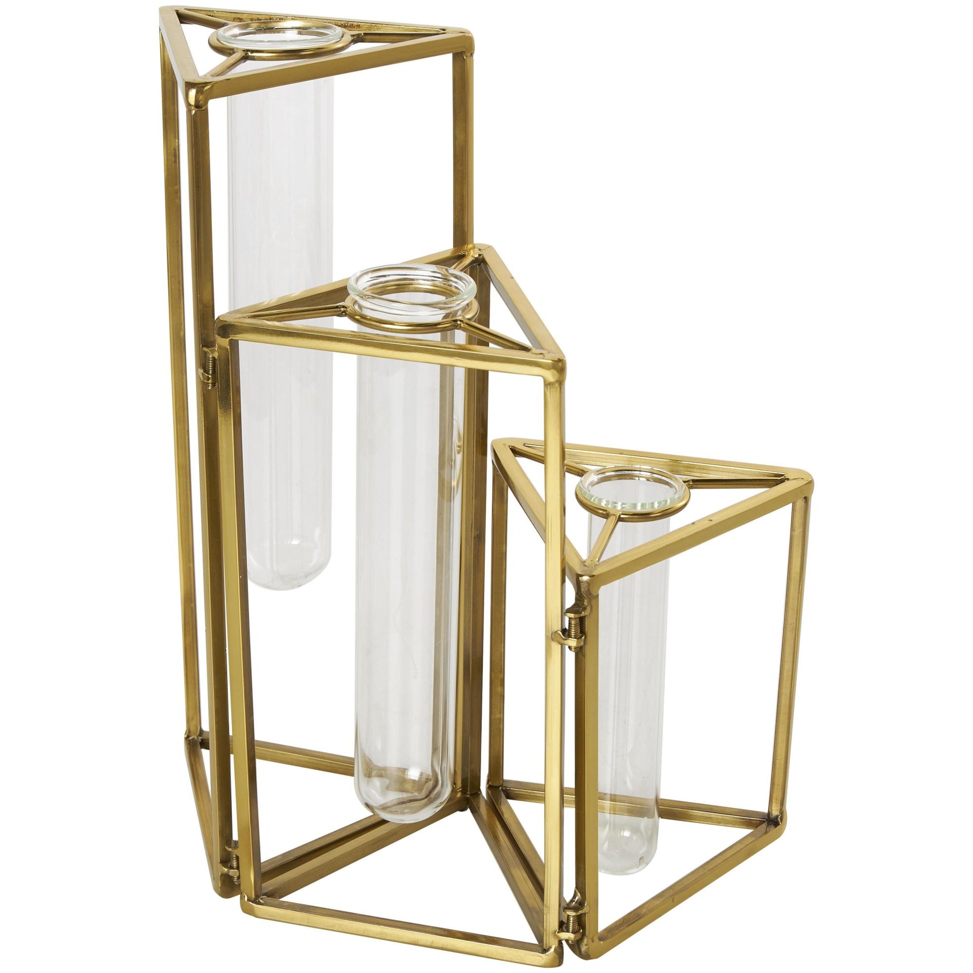 Geometric Gold Stainless Steel Metal Foldable Test Tube Bud Decorative Vase with Triangular Frames