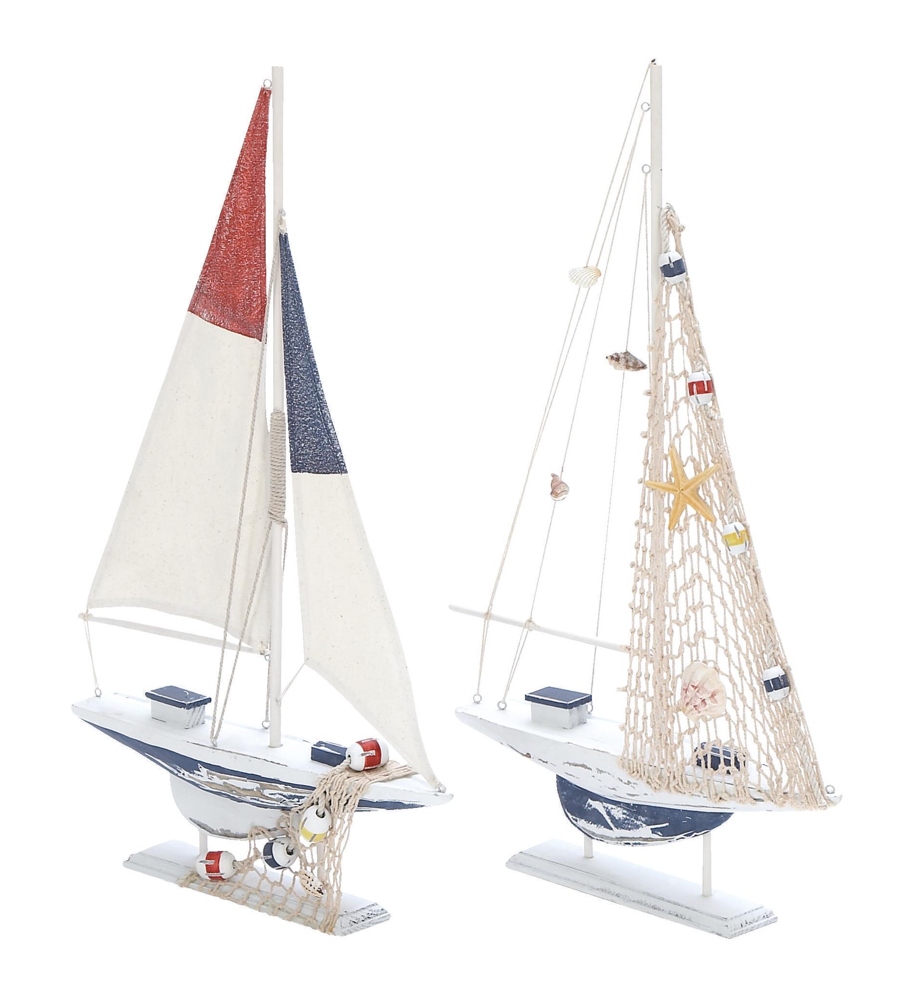 Set of 2 Sail Boat White Wood Handmade Decorative Sculpture