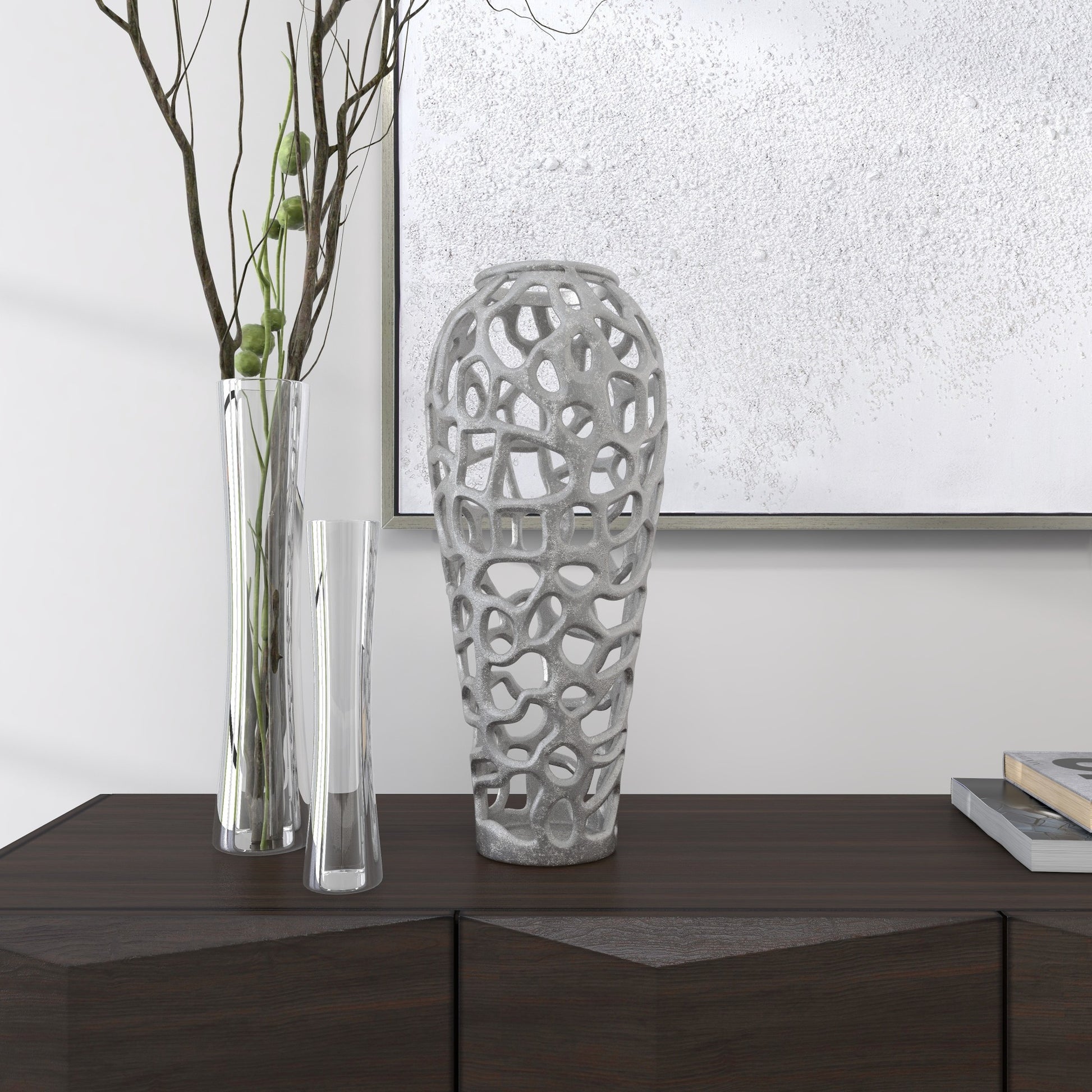 Coral Silver Aluminum Metal Cutout Decorative Vase