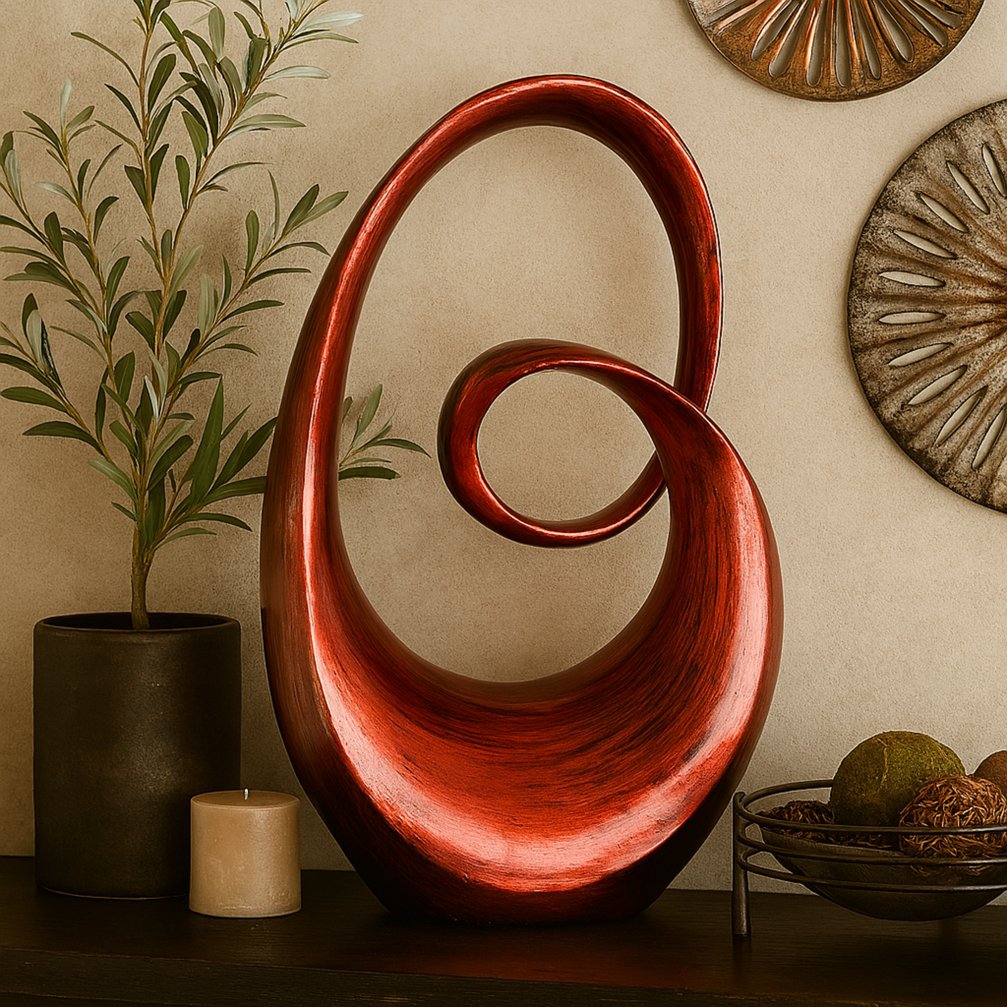 Abstract Red Polystone Swirl Decorative Sculpture