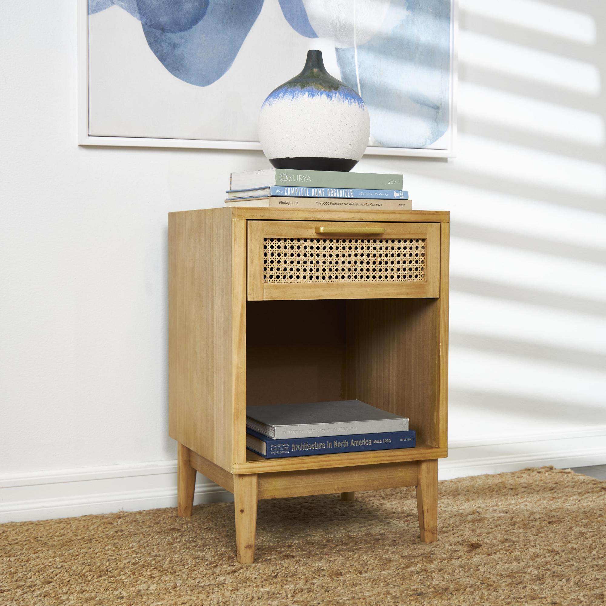 Wood 1 Drawer and 1 Cubby Shelf Side End Accent Table with Beige Rattan Drawer and Gold Handle