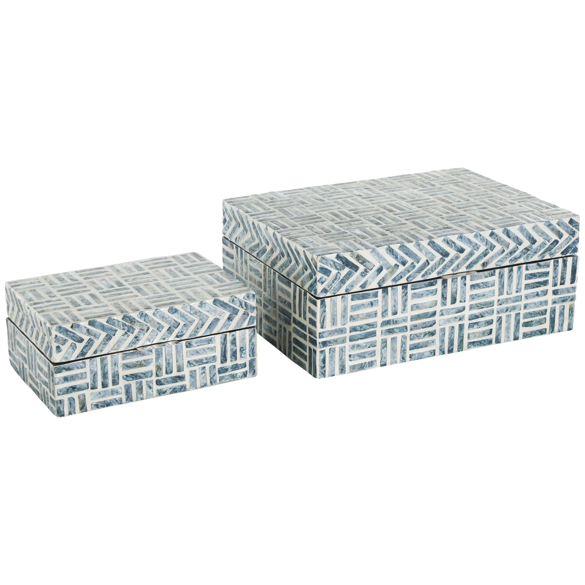 Set of 2 Geometric Blue Mother of Pearl Shell Handmade Mosaic Storage Decorative Box with Cream Underlay