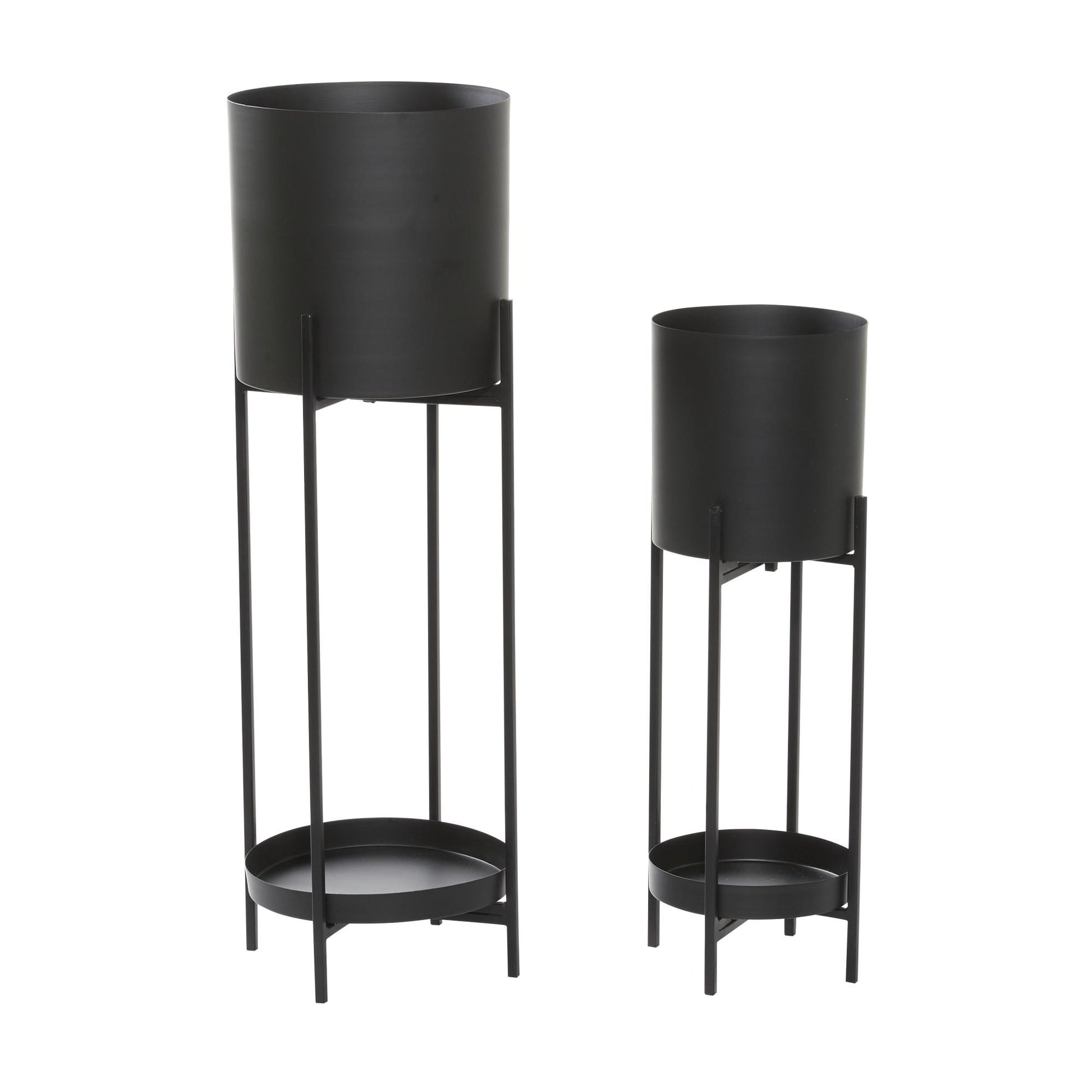 Set of 2 Black Metal Indoor Outdoor Planter with Lower Shelf and Removable Stand