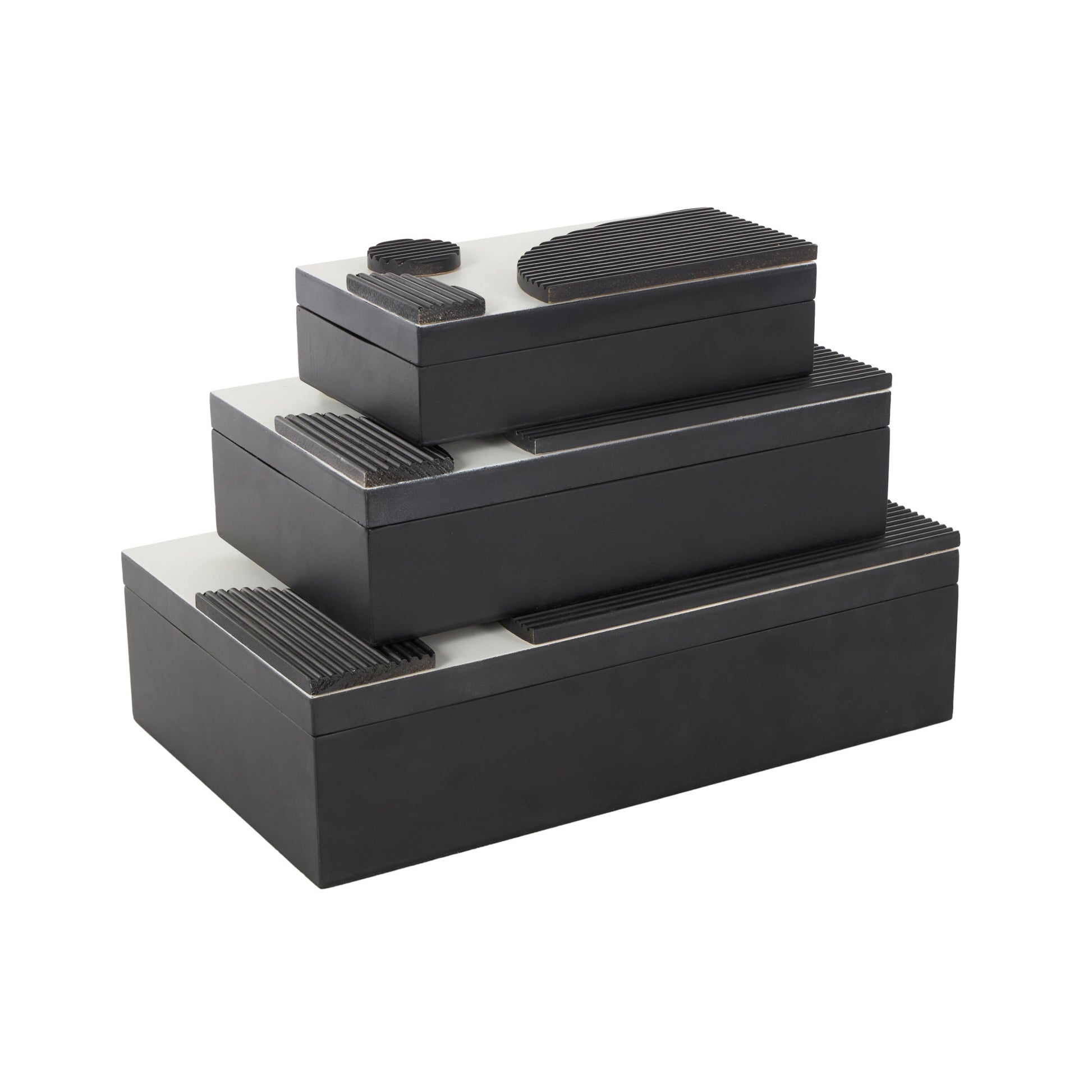 Set of 3 Black Wood Handmade Decorative Box with 3D Geometric Accents