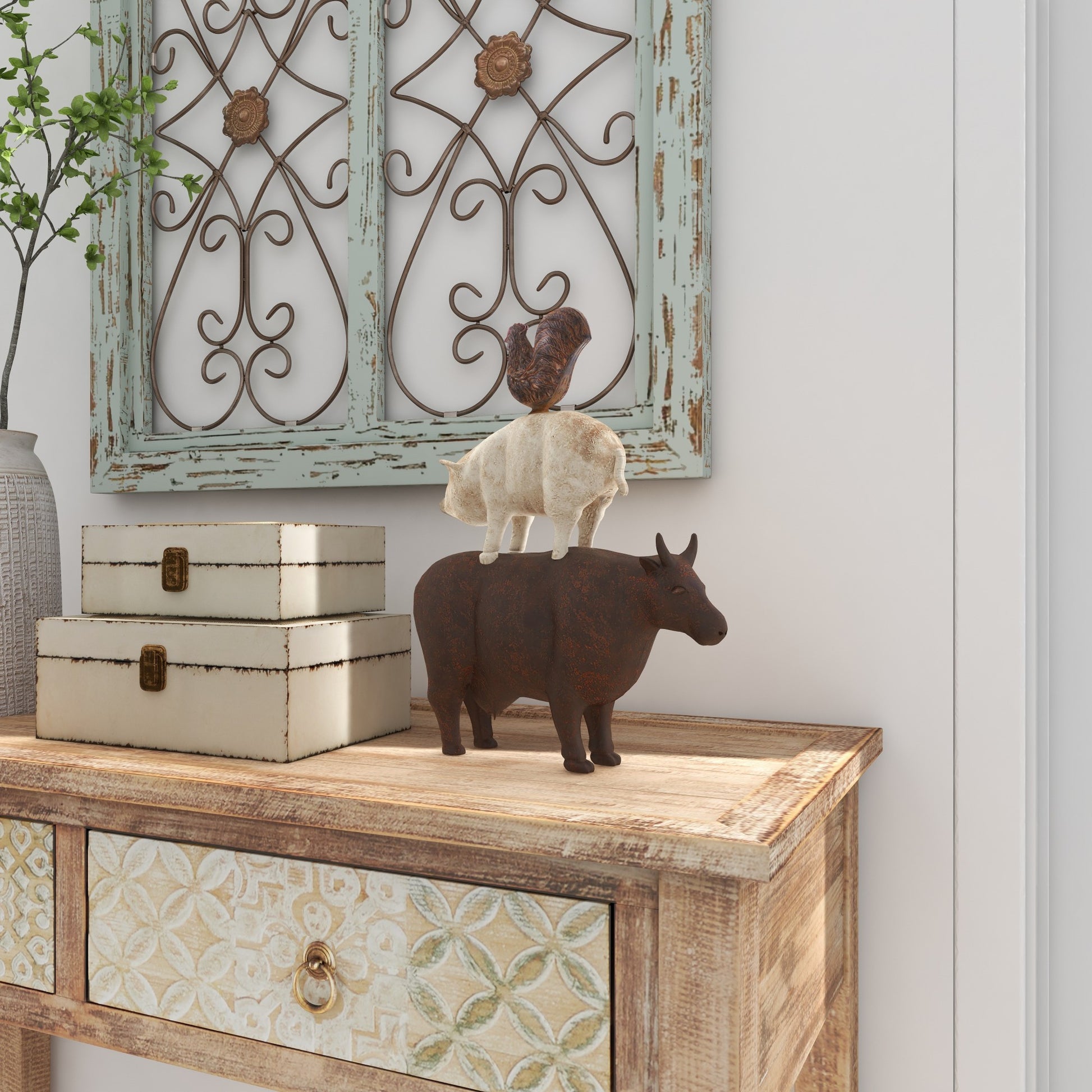 Farm Animals Brown Polystone Stacked Decorative Sculpture with Cream Accent