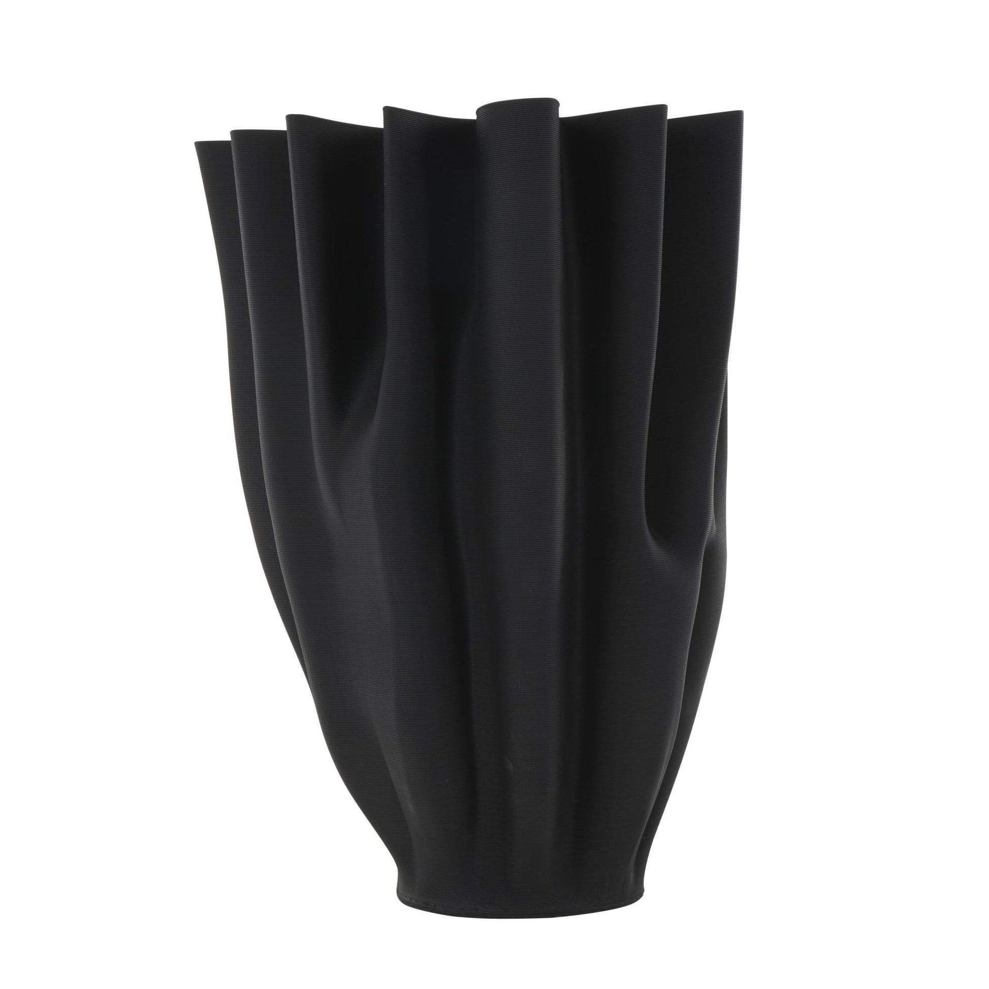 Abstract Black Ceramic Dimensional Ribbed Tulip Decorative Vase with Angular Rim