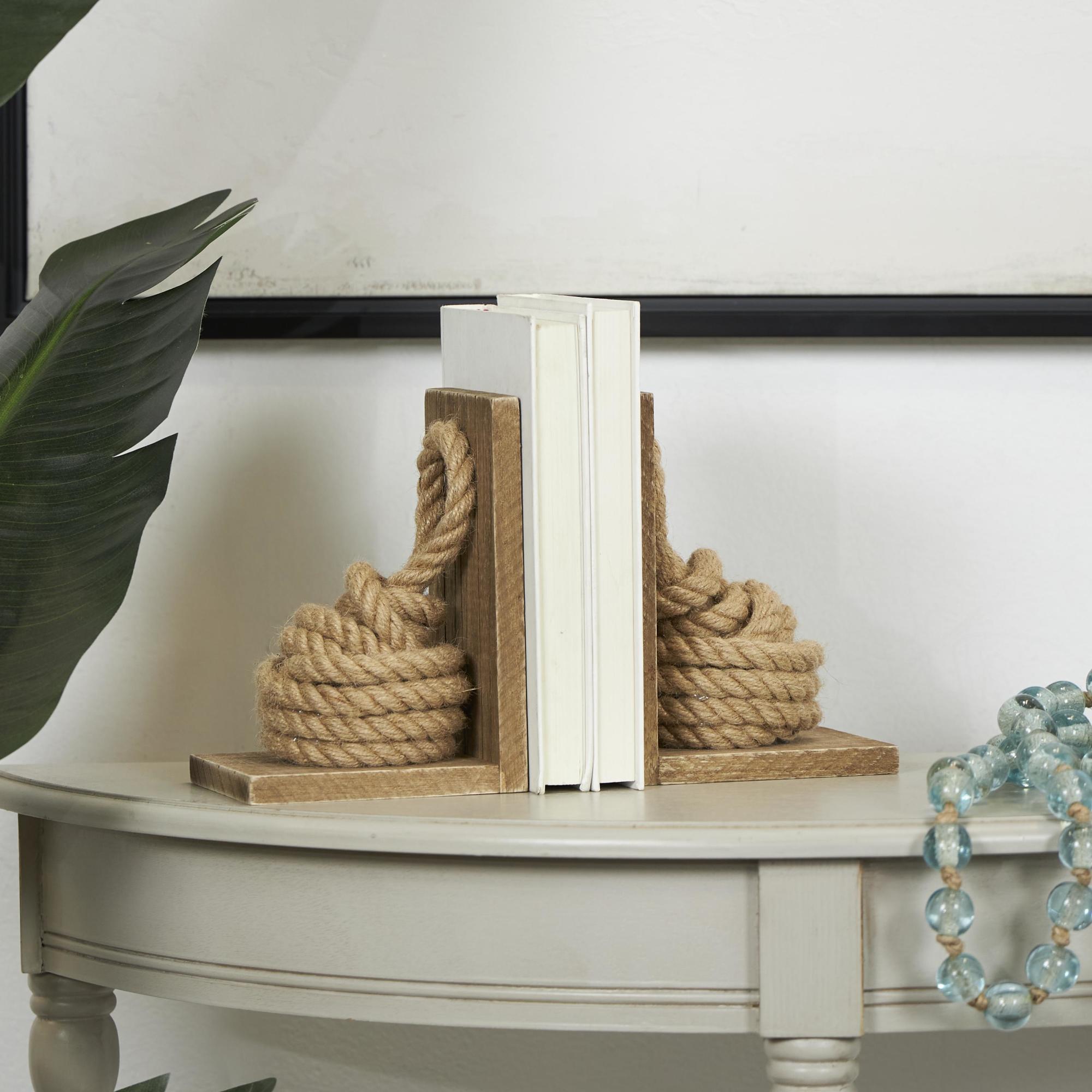 Set of 2 Knot Brown Wood Rope Decorative Bookends with Distressed L-Shaped Stands