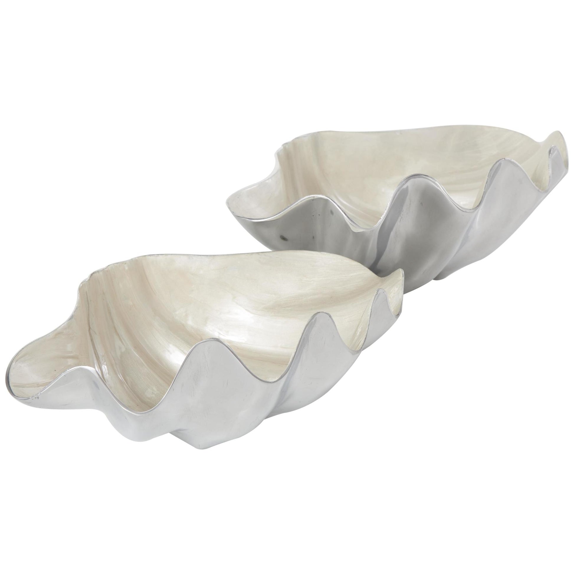 Set of 2 Shell Aluminum Metal Enameled Large Decorative Bowl with Silver Metal Exterior