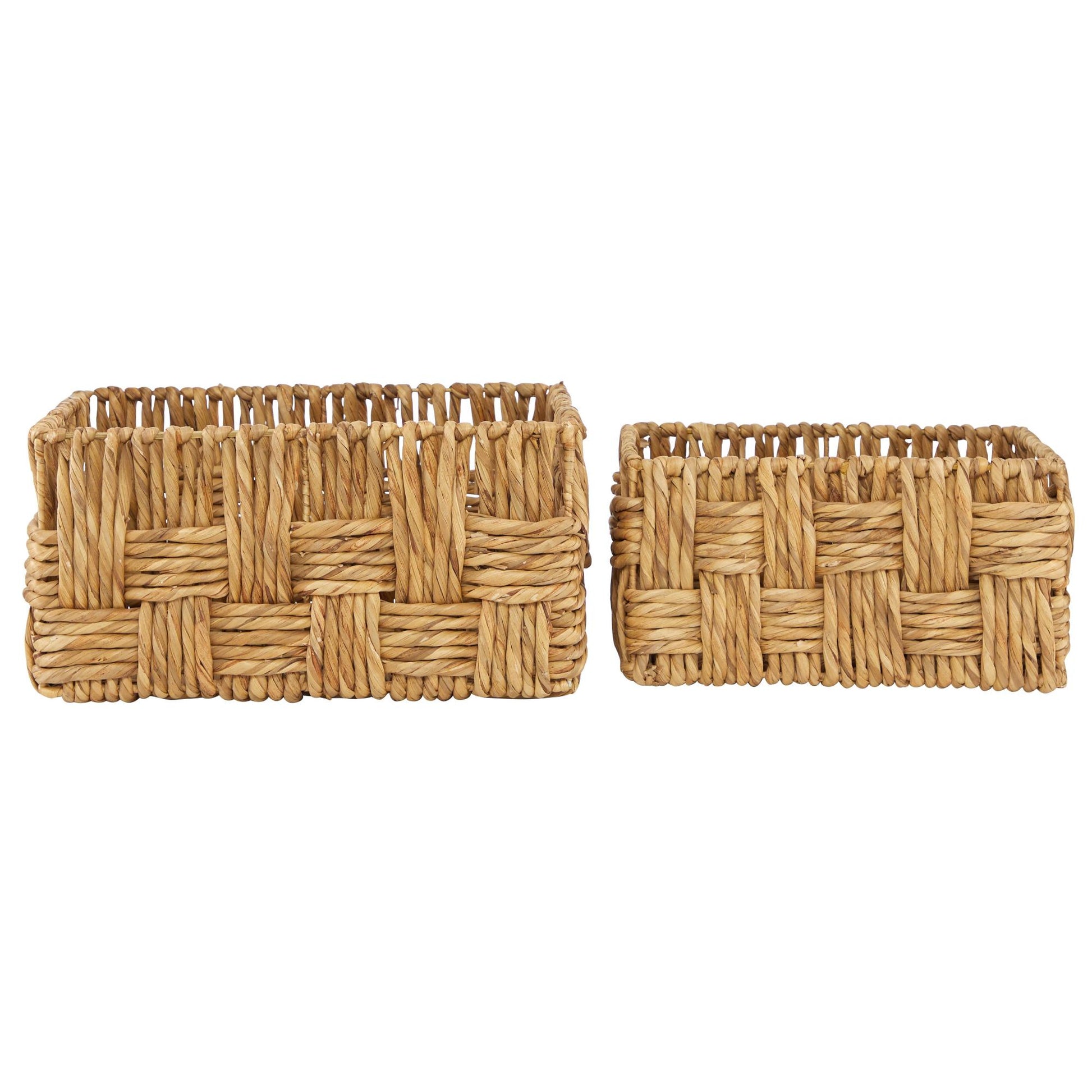 Set of 2 Brown Jute Rope Handmade Woven Rectangular Decorative and Functional Storage Basket with Slit Handles