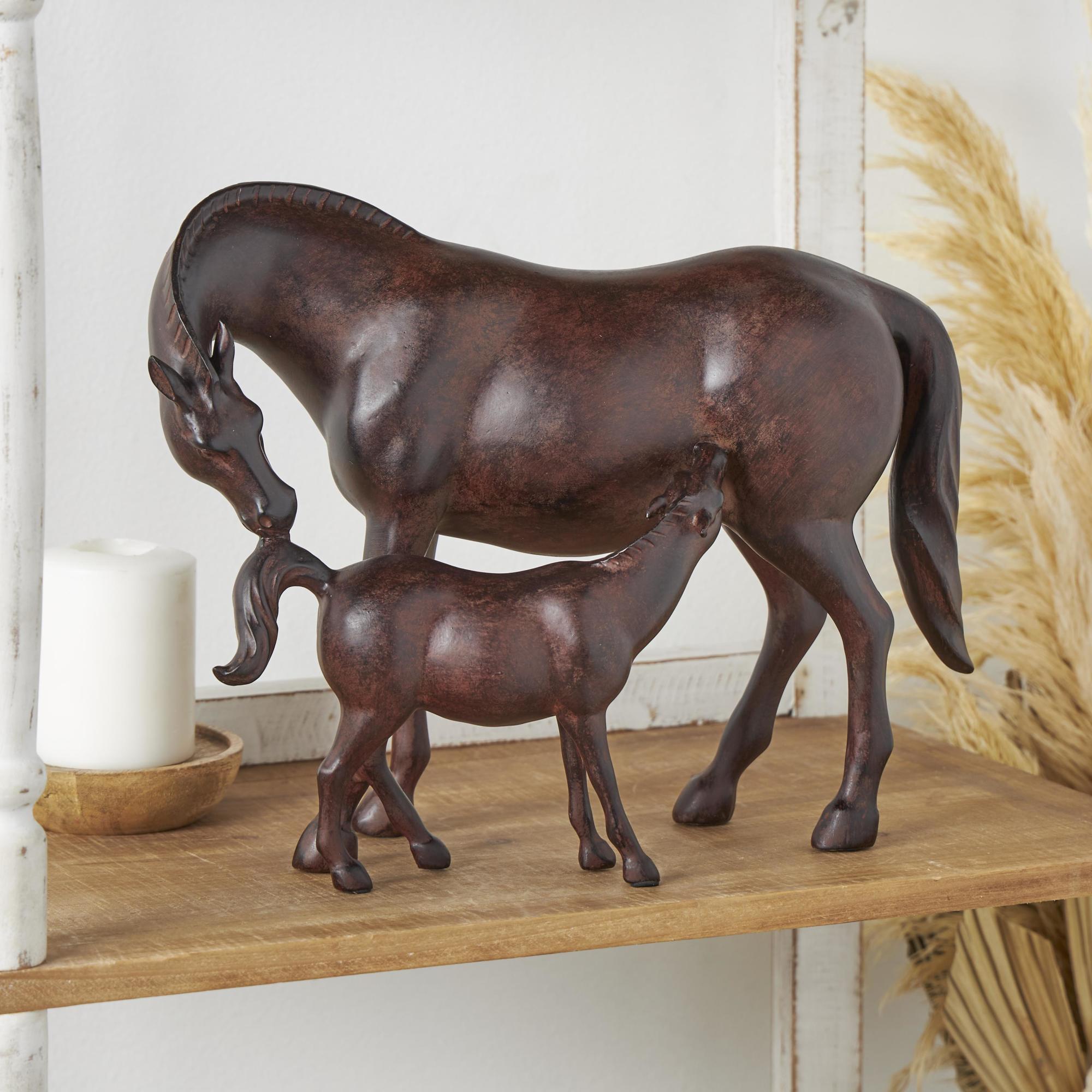 Horse Dark Brown Polyresin Decorative Sculpture with Mom and Baby