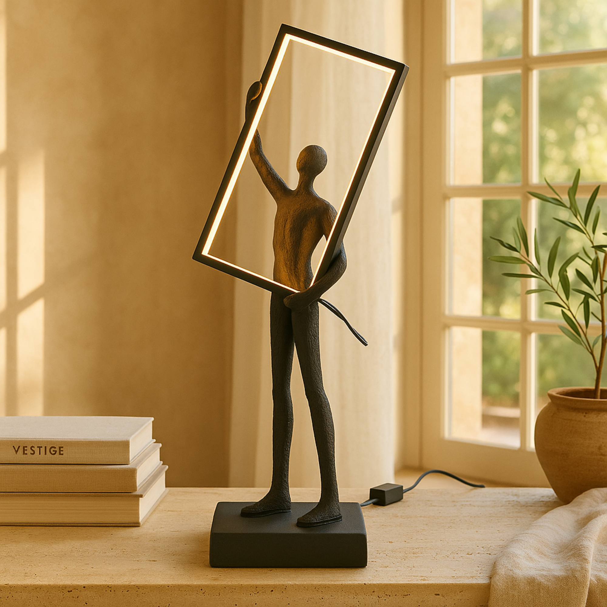 People Black Resin Concaved Room Table Lamp with Rectangular Frame and Copper Shadings