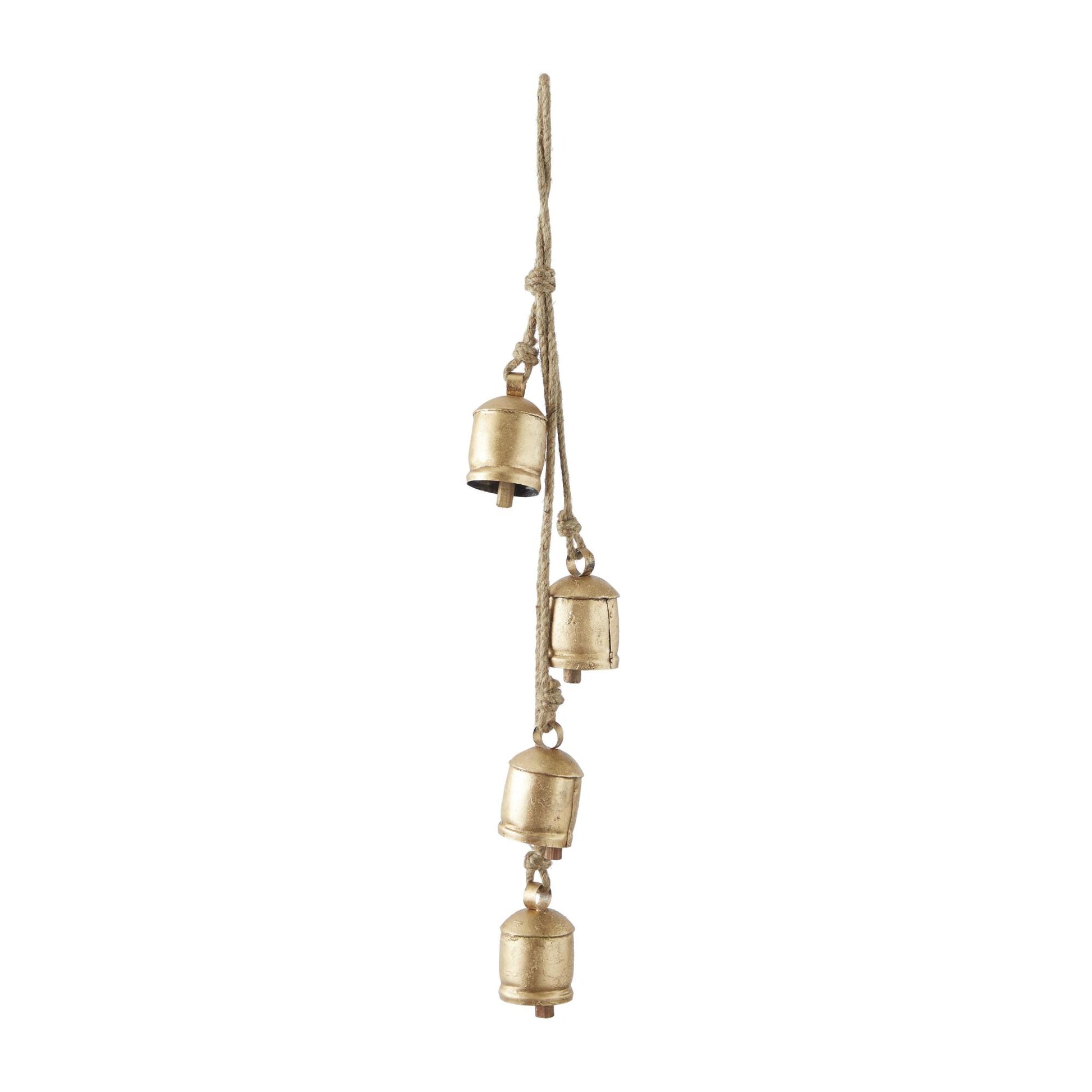 Metal Tibetan Inspired Indoor Outdoor Decorative Cow Bells with 4 Bells on Jute Hanging Rope