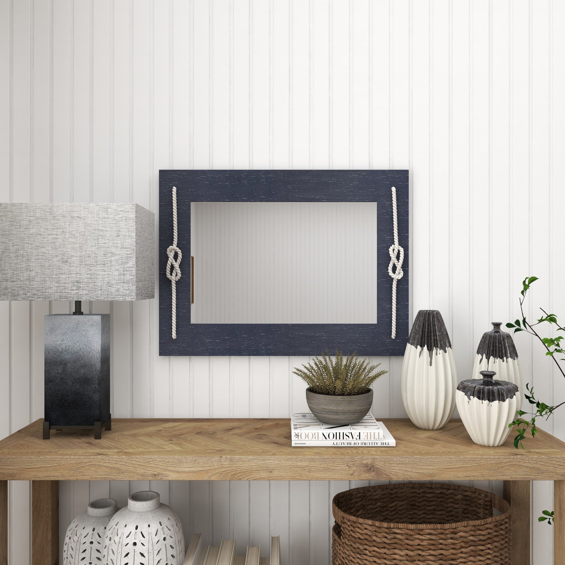 Blue Wood Room Wall Mirror with Knotted Rope