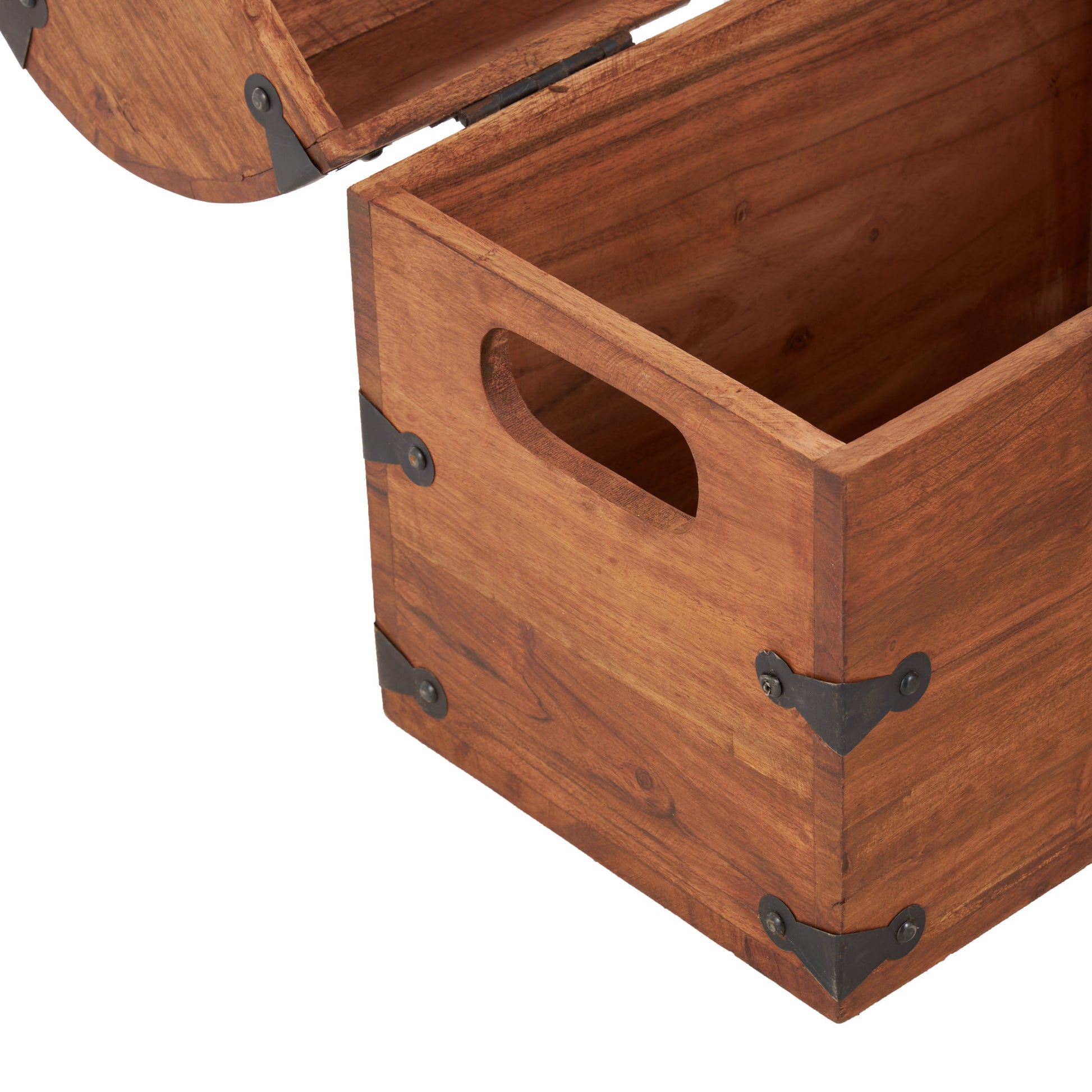 Set of 2 Brown Wood Handmade Arched Storage Chest Decorative Box with Black Metal Hardware