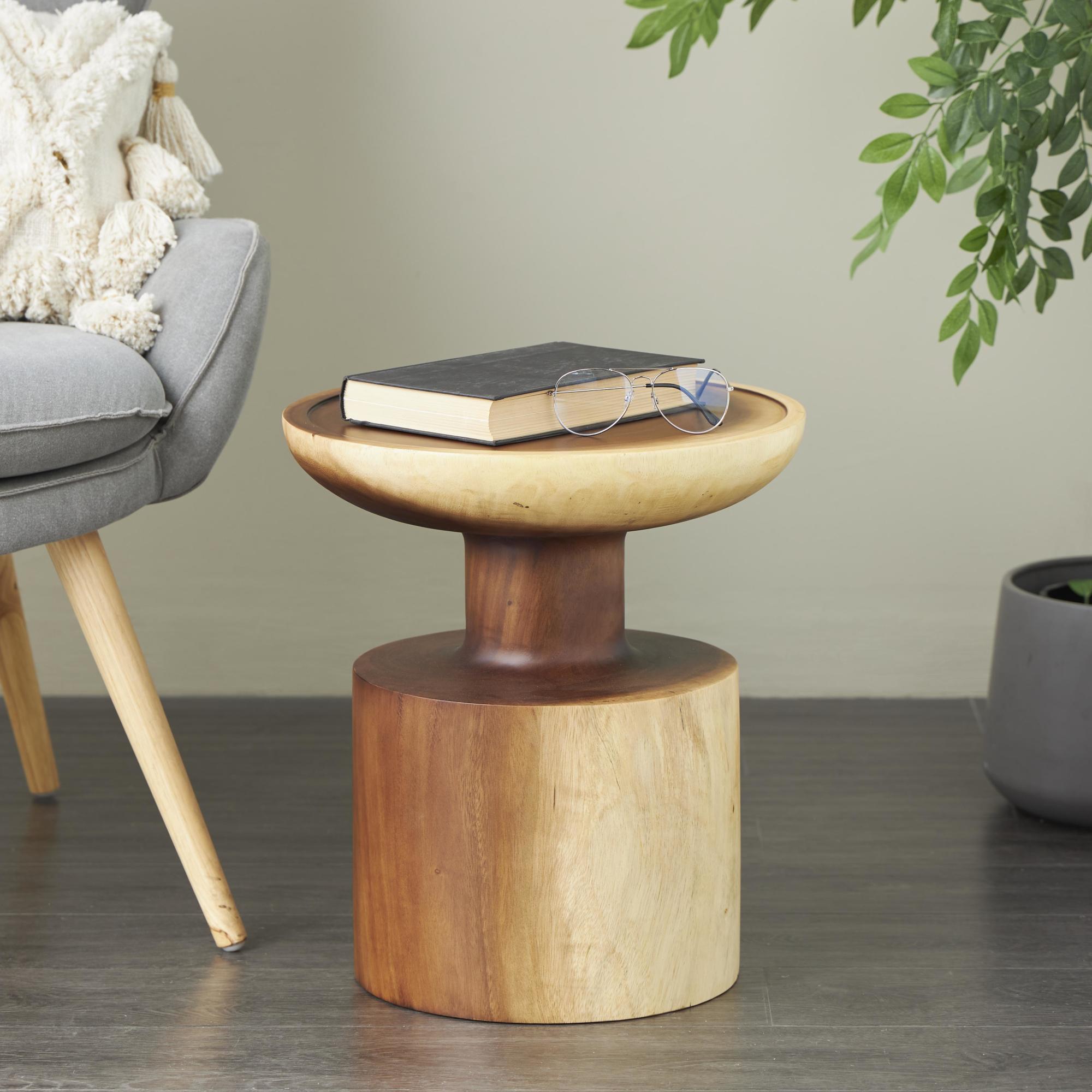Brown Wood Handmade End Accent Table with Block Base