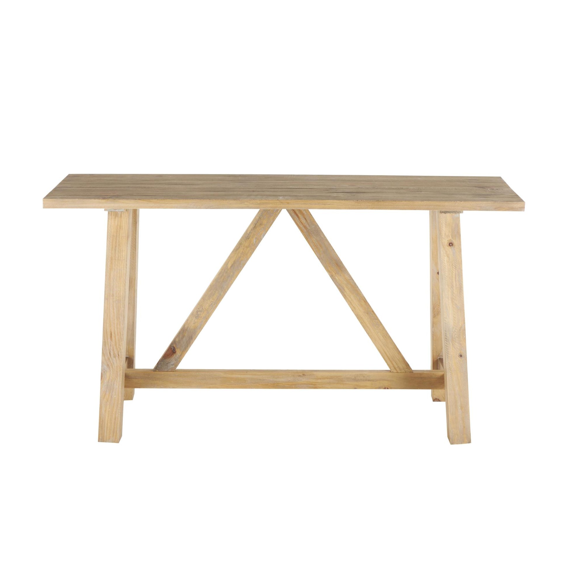 Light Brown Wood Rectangular Living Room Console Table with Flared Legs and Crossed Beams
