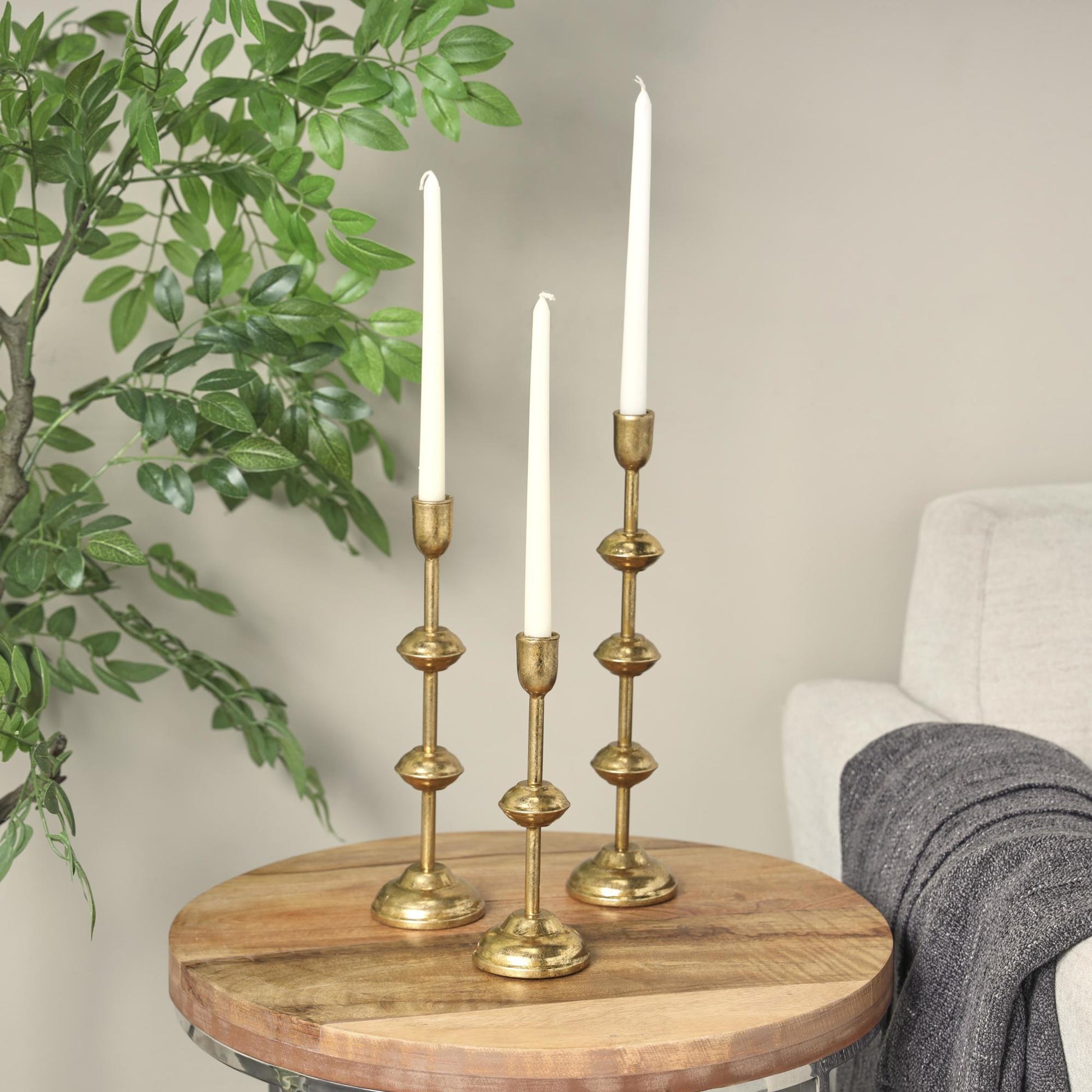 Set of 3 Gold Metal Slim Decorative Candle Holder with Floating Spheres