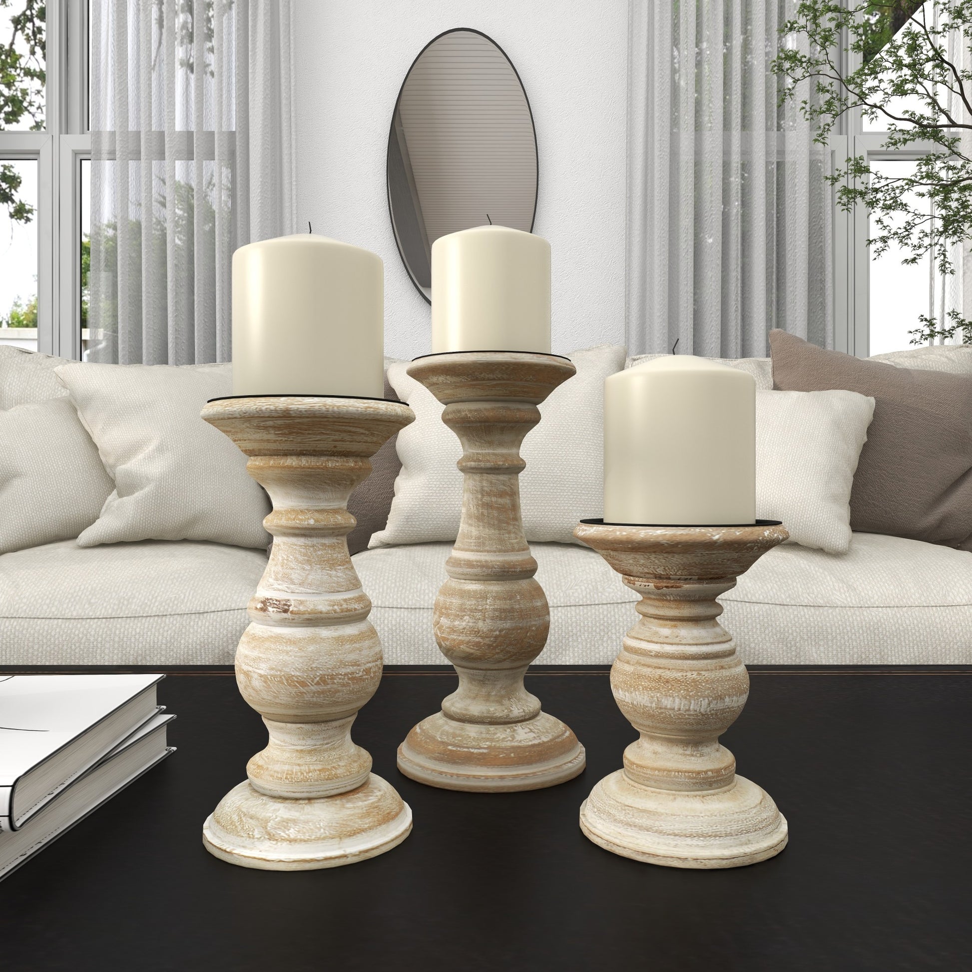 Set of 3 Mango Wood Distressed Turned Pillar Decorative Candle Holder