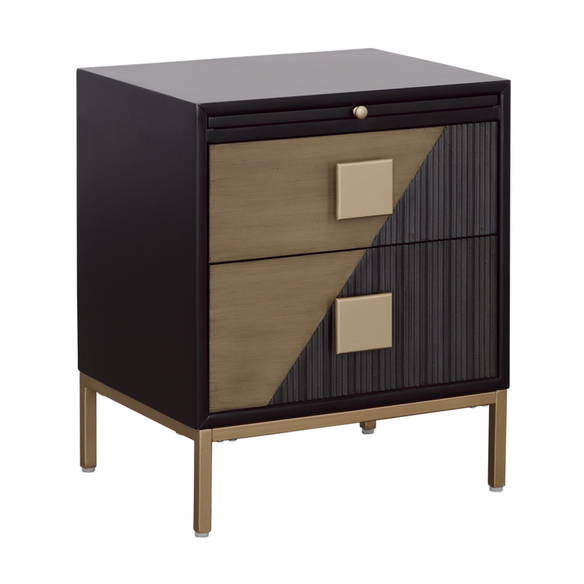 Geometric Black Wooden Ribbed Two-Toned Triangle Cut 2 Drawer Room Dresser with Gold Square Block Handles and Hidden Pullout Shelf