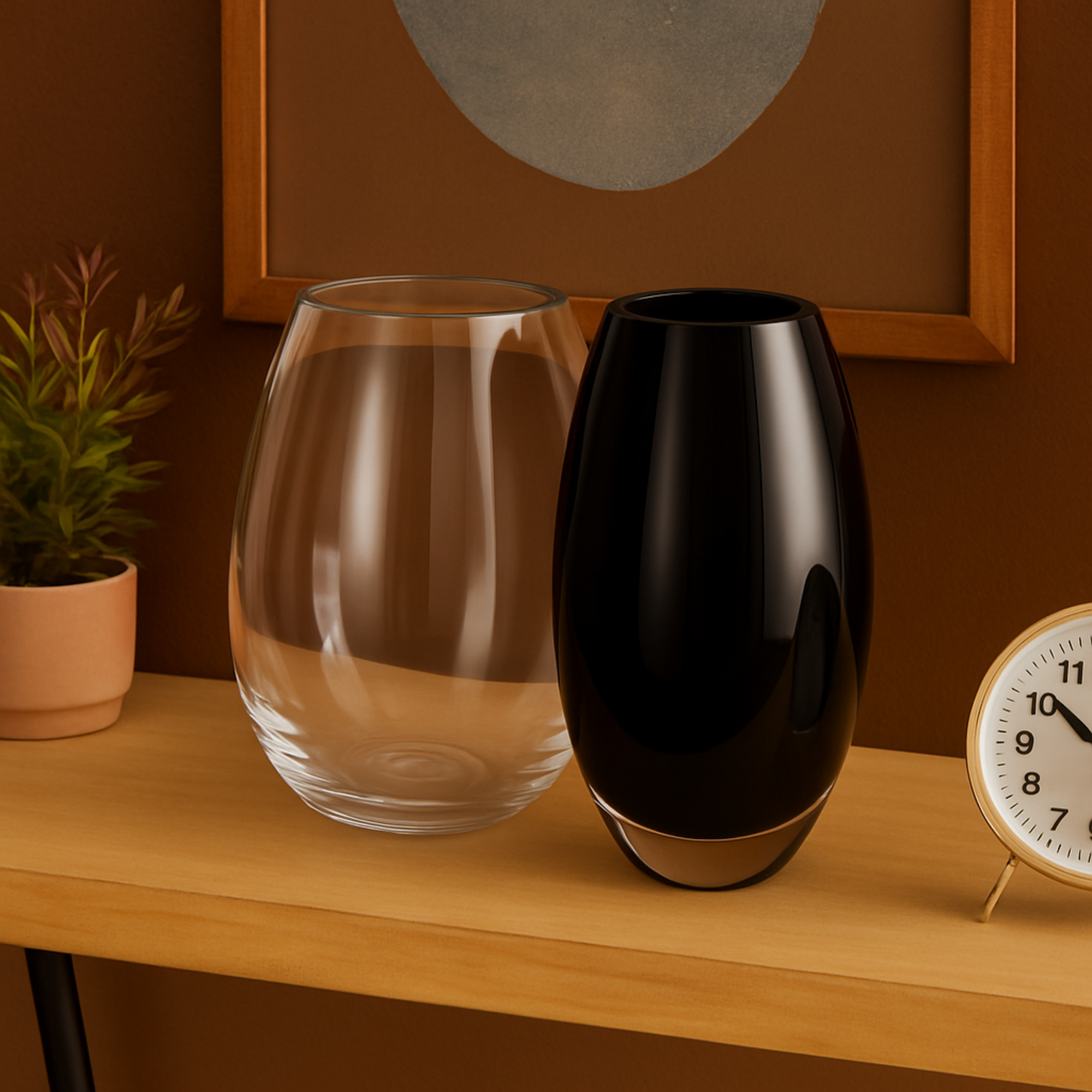 Abstract Black Recycled Glass Handmade Rounded 2 Opening 2 Opening Decorative Vase with Clear Glass Accent