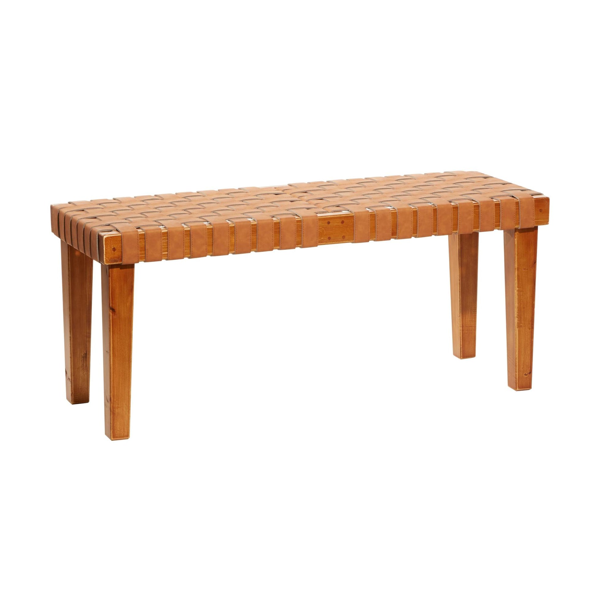 Brown Faux Leather Handmade Woven Home Bench with Wood Frame