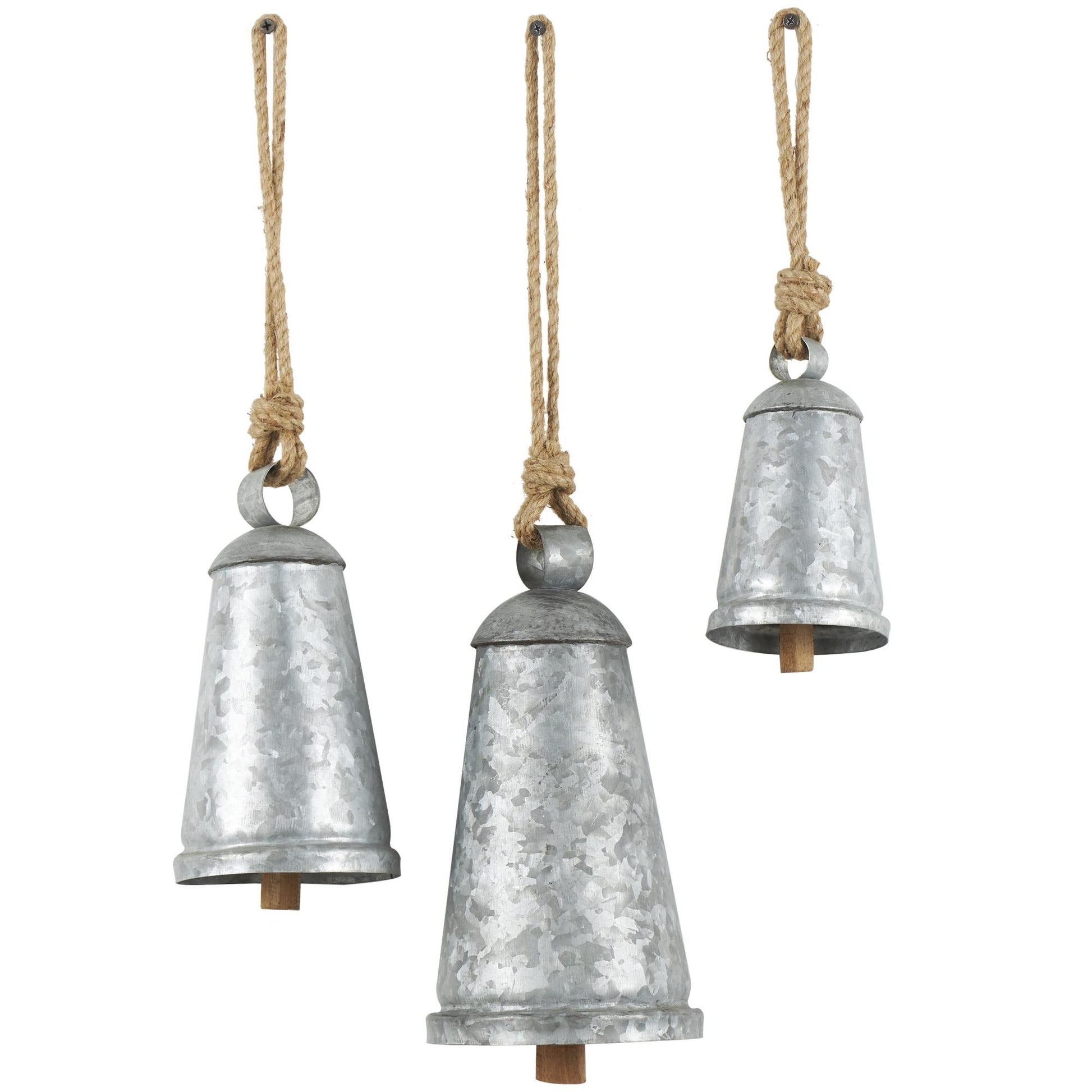 Set of 3 Metal Tibetan Inspired Indoor Outdoor Decorative Cow Bells with Jute Hanging Rope Set of 3 12",9",6"H