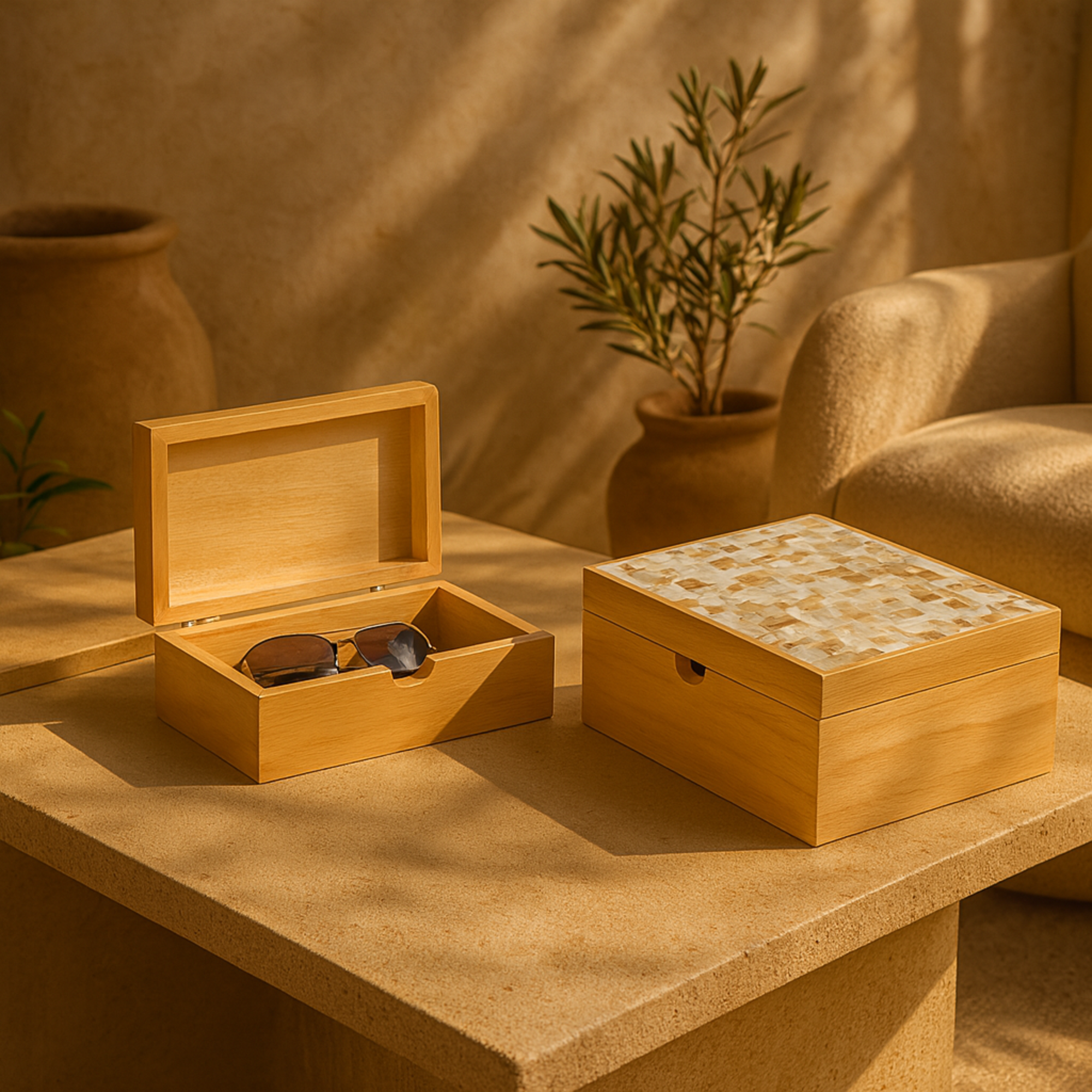 Set of 2 Light Brown Wood Handmade Storage Decorative Box with Seashell Tops