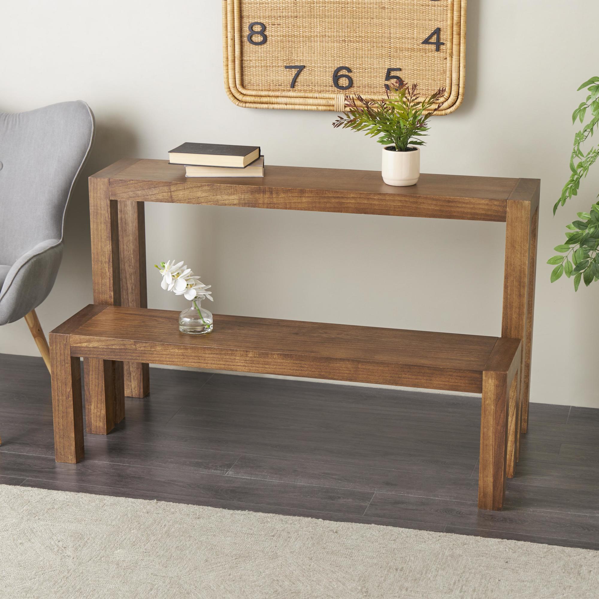 Set of 2 Brown Wood Rectangular Living Room Console Table with Bench