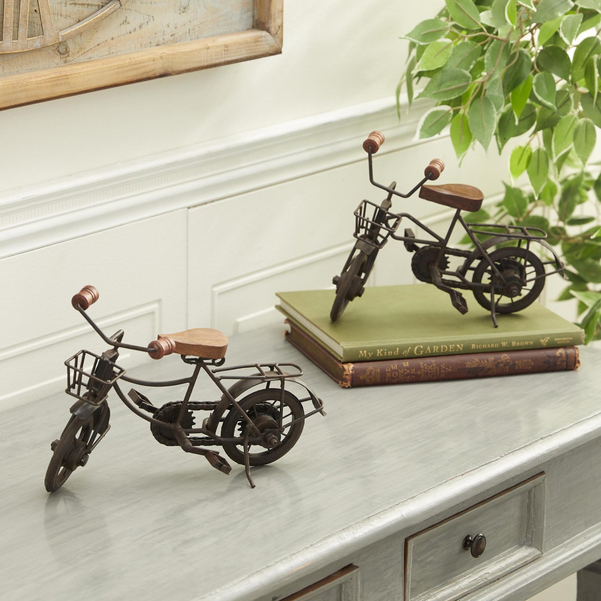 Set of 2 Bike Metal Decorative Sculpture with Wood Accents